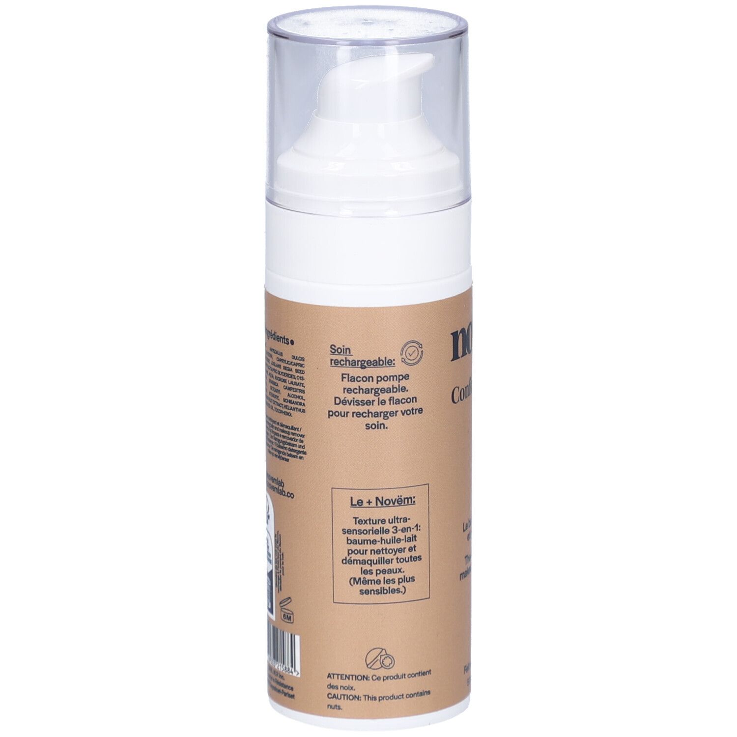 Rückseite des Spenders. Auf braunem Etikett: Produktinformationen, Text über wiederaufladbaren Flakon.