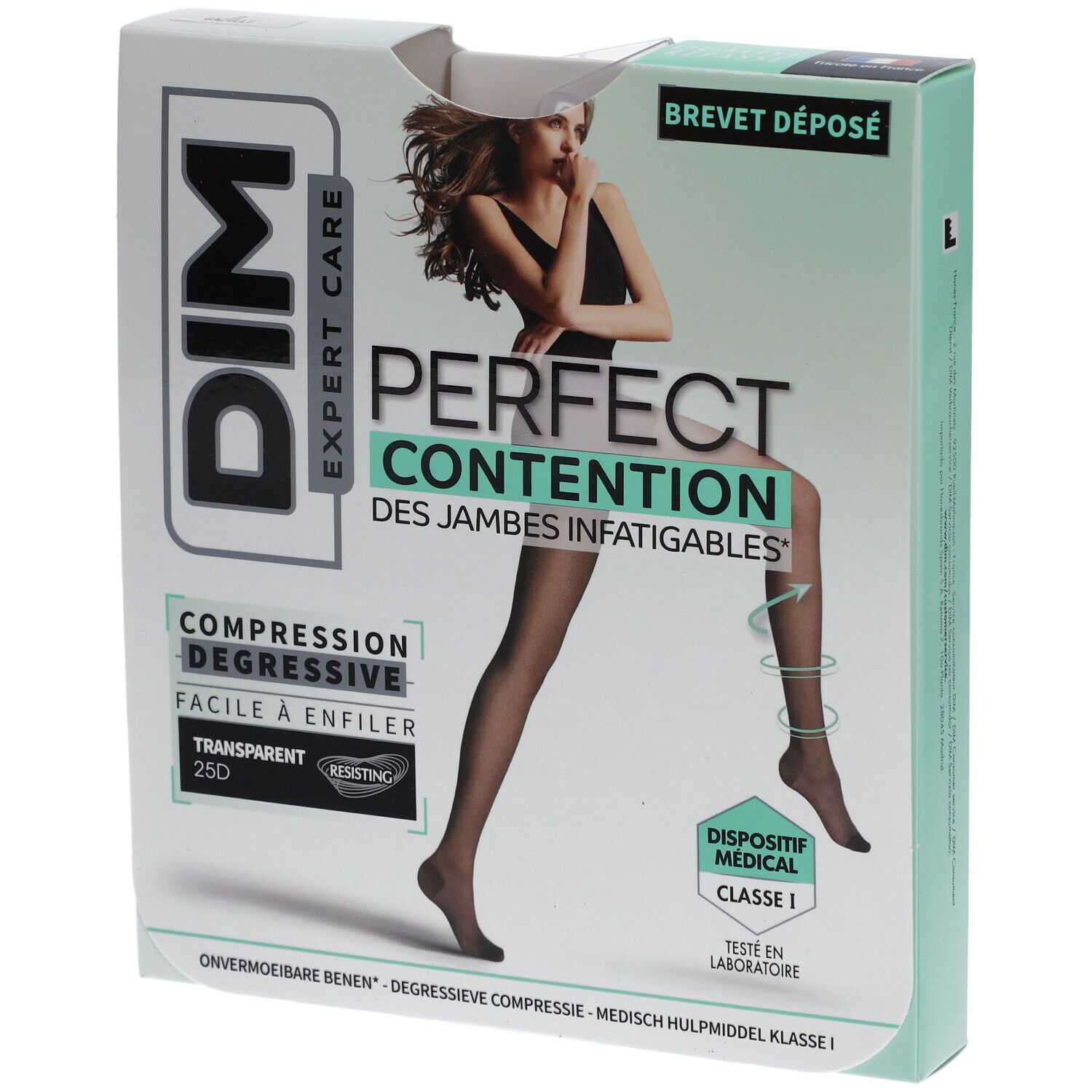 Boîte de DIM COLL PERFECT Transpirant GAZELLE T2. Inscriptions: DIM, EXPERT CARE, PERFECT CONTENTION, bas de compression transparents.