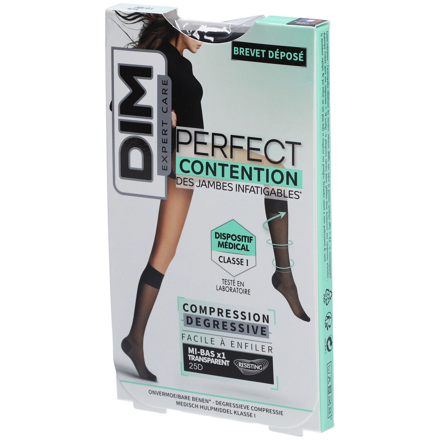 Verpackung mit DIM PERFECT CONTENTION Kompressionsstrümpfen. Schwarze Strümpfe, medizinische Klasse 1, transparente Ausführung.