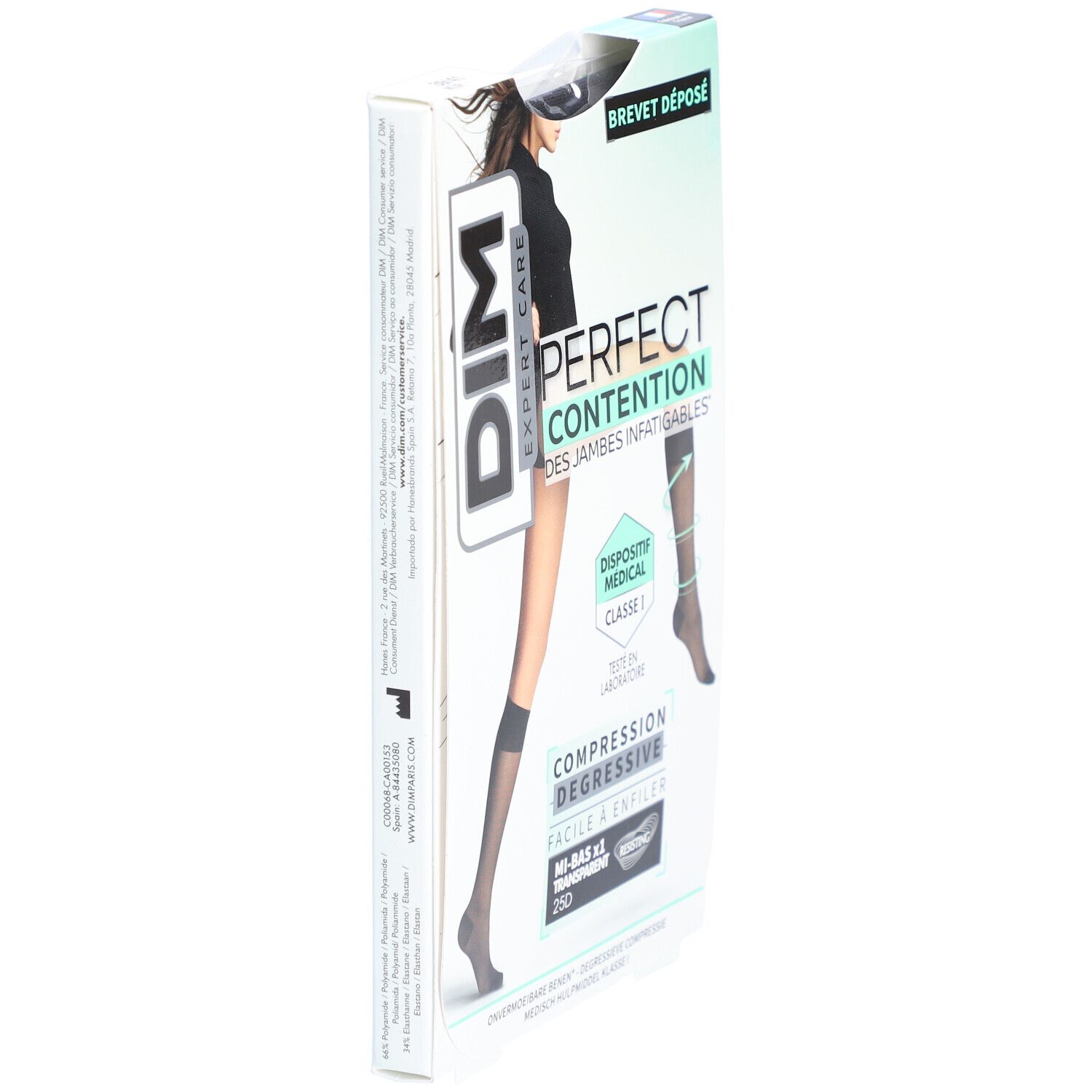 Verpackung DIM PERFECT CONTENTION Kompressionsstrümpfe. Schwarze Strümpfe, medizinische Klasse 1, transparente Ausführung. Seitenansicht.