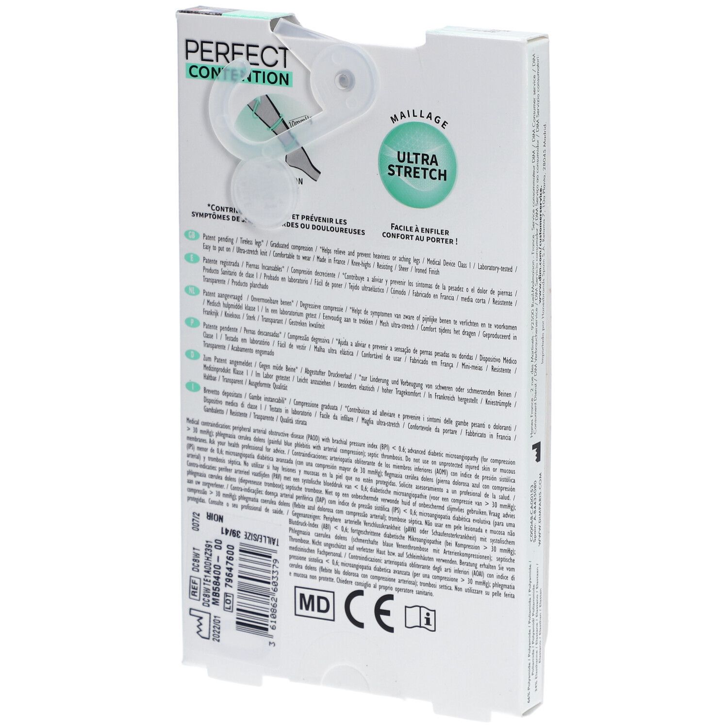 Rückseite der Verpackung DIM PERFECT CONTENTION. Informationen zu den Kompressionsstrümpfen, einschließlich Druck.