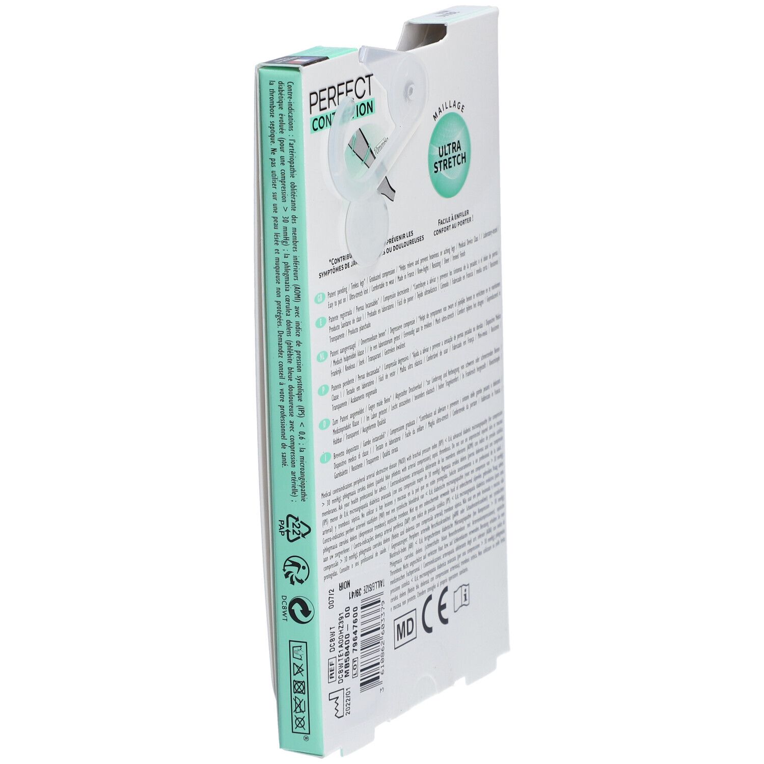 Seitenansicht der Verpackung DIM PERFECT CONTENTION. Informationen zu den Kompressionsstrümpfen, einschließlich Druck.