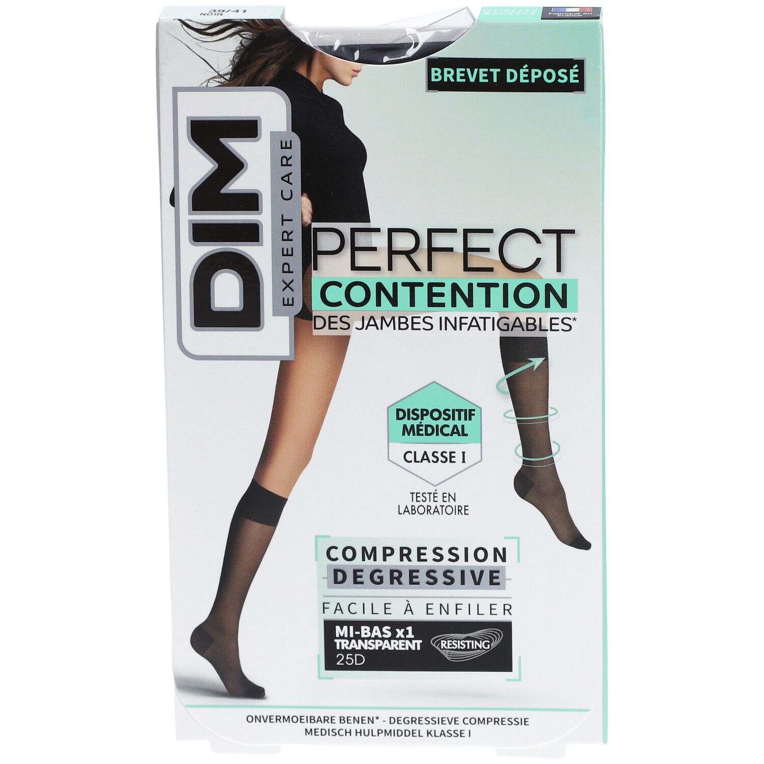 Verpackung mit DIM PERFECT CONTENTION Kompressionsstrümpfen. Schwarze Strümpfe, medizinische Klasse 1, transparente Ausführung.