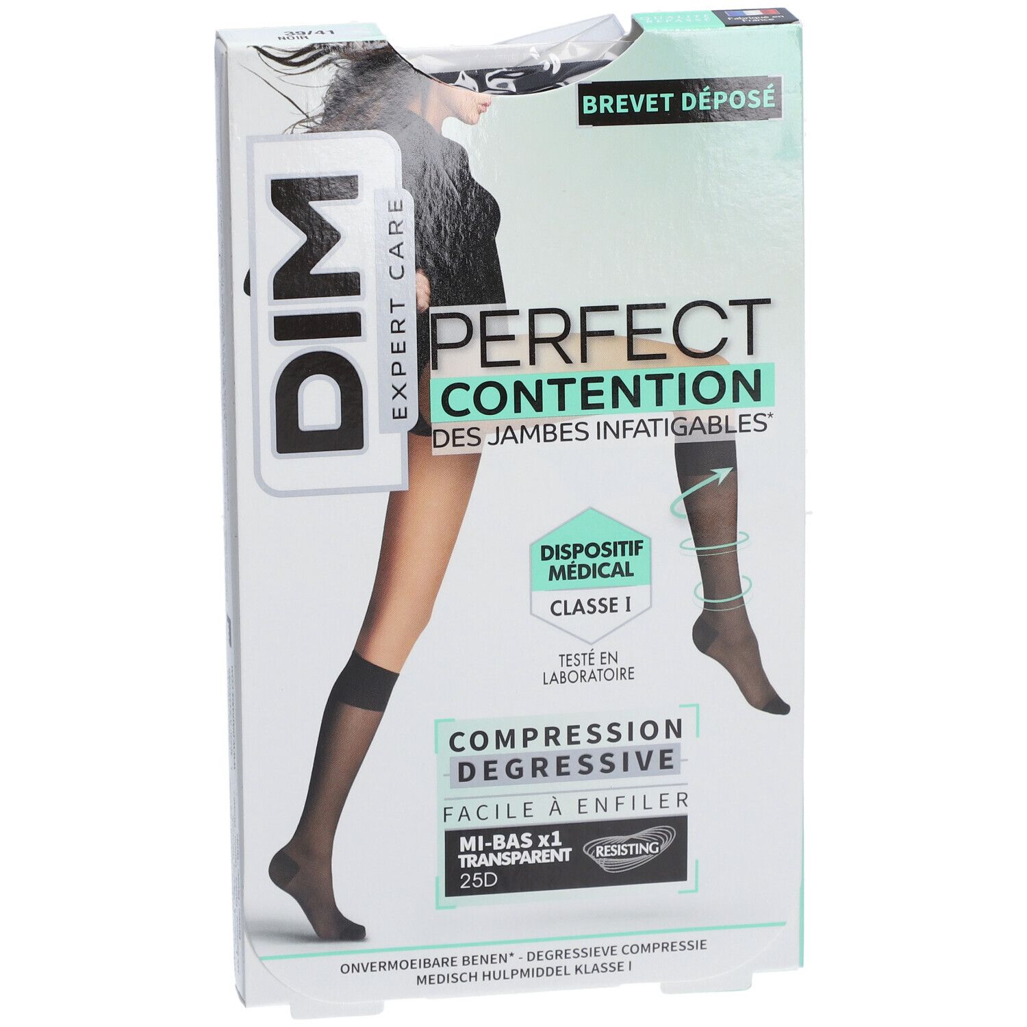 Verpackung mit DIM PERFECT CONTENTION Kompressionsstrümpfen. Schwarze Strümpfe, medizinische Klasse 1, transparente Ausführung.