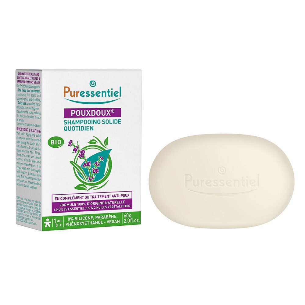 Shampooing solide ovale Puressentiel Pouxdoux® et emballage. Certification bio.