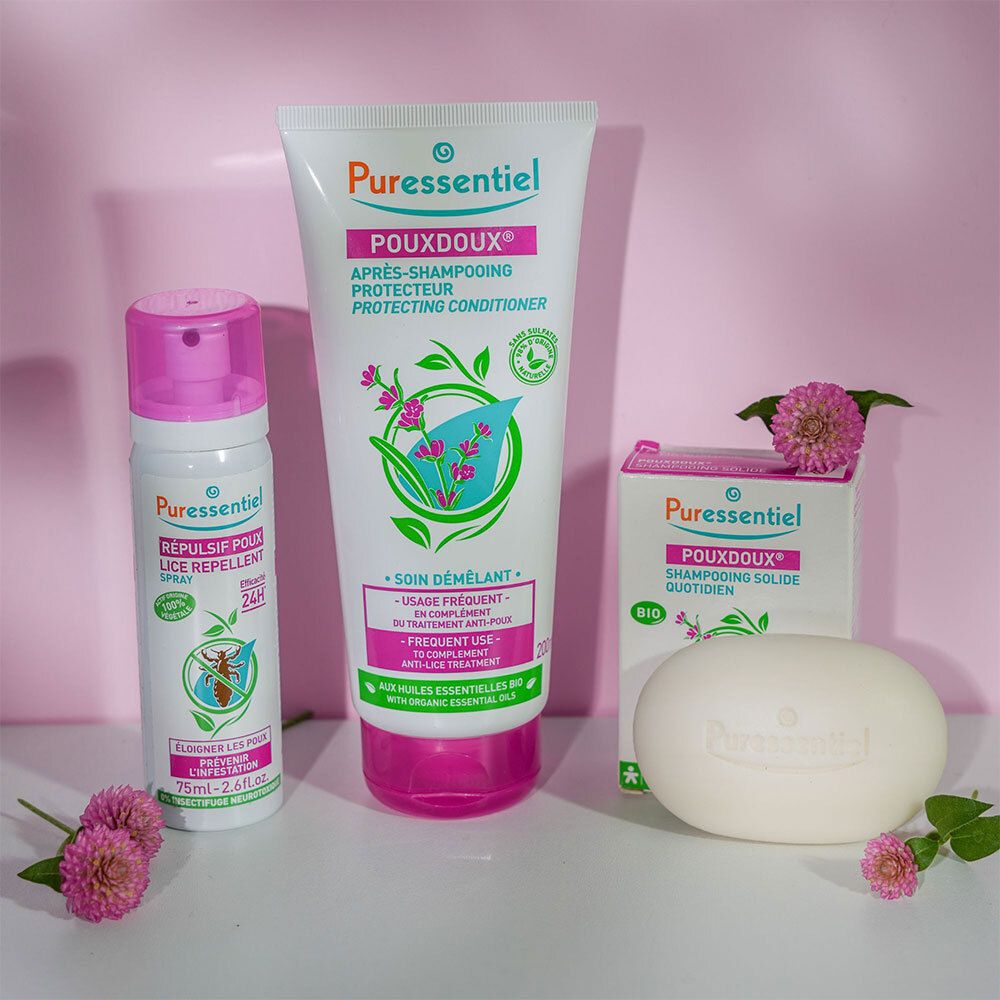 Produits Puressentiel : shampooing, après-shampooing, spray. Fond rose. Certification bio.