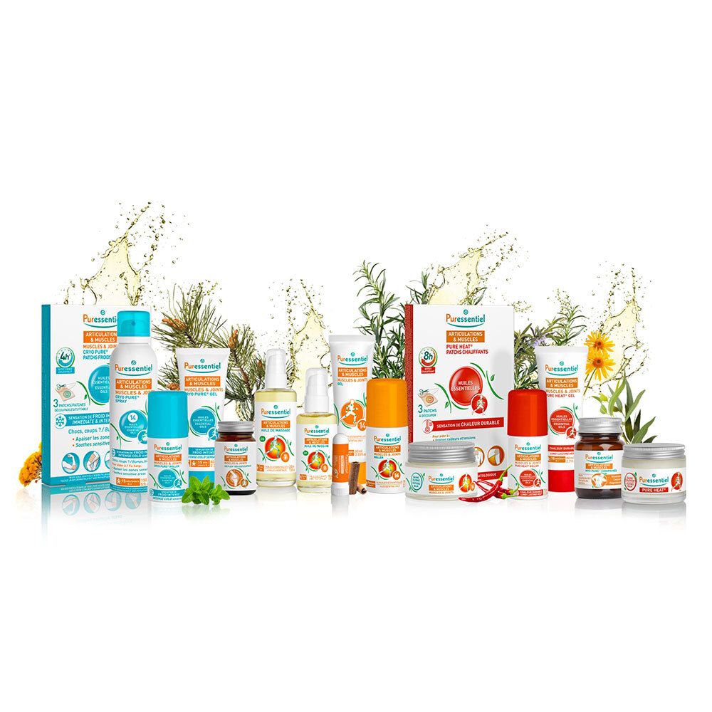 Différents produits. Inscription : Puressentiel, Articulations & Muscles, Baume calmant. 14 huiles essentielles.