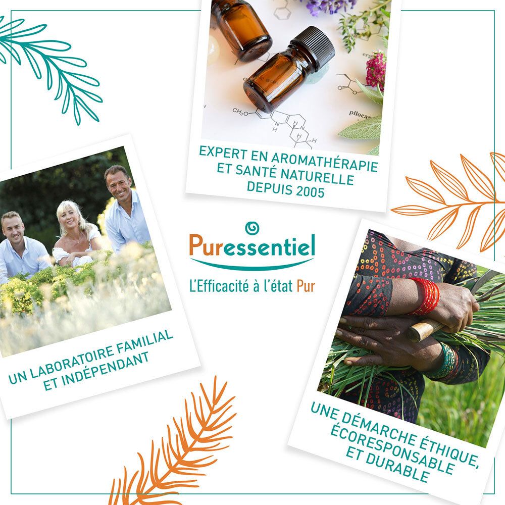 Logo Puressentiel et images d'huiles essentielles, famille et approvisionnement éthique.