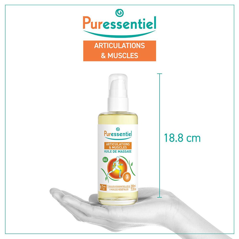 Puressentiel BIO Massageöl für Gelenke & Muskeln, 100ml Flasche, Höhe 18.8 cm.