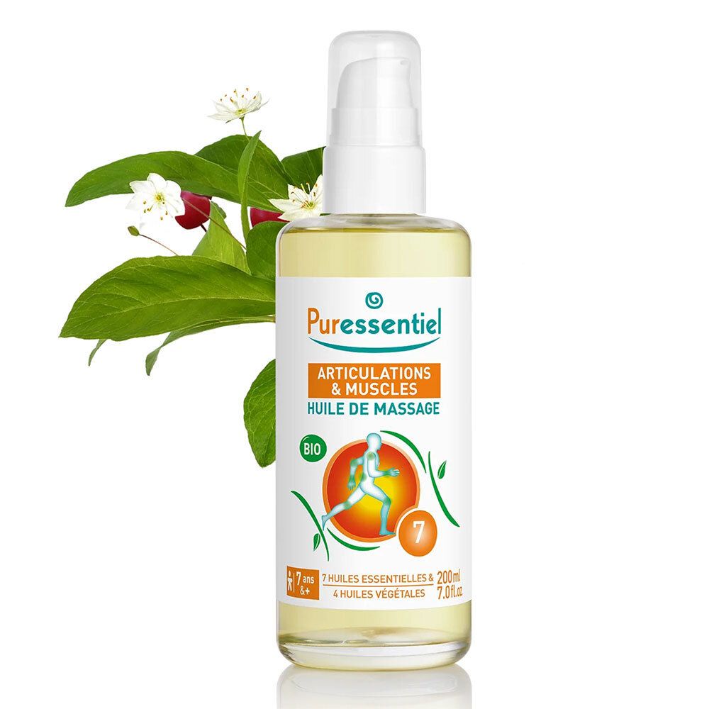 Flasche Puressentiel BIO Massageöl mit Blütenzweig. Aufschrift: Articulations & Muscles, Huile de massage, Arnica - Gaulthérie.