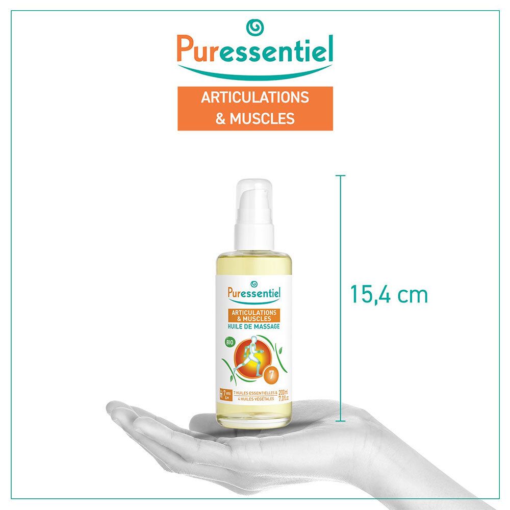Puressentiel BIO Massageöl Muskeln & Gelenke, 200ml, in einer Hand gehalten, Höhe 15,4 cm.