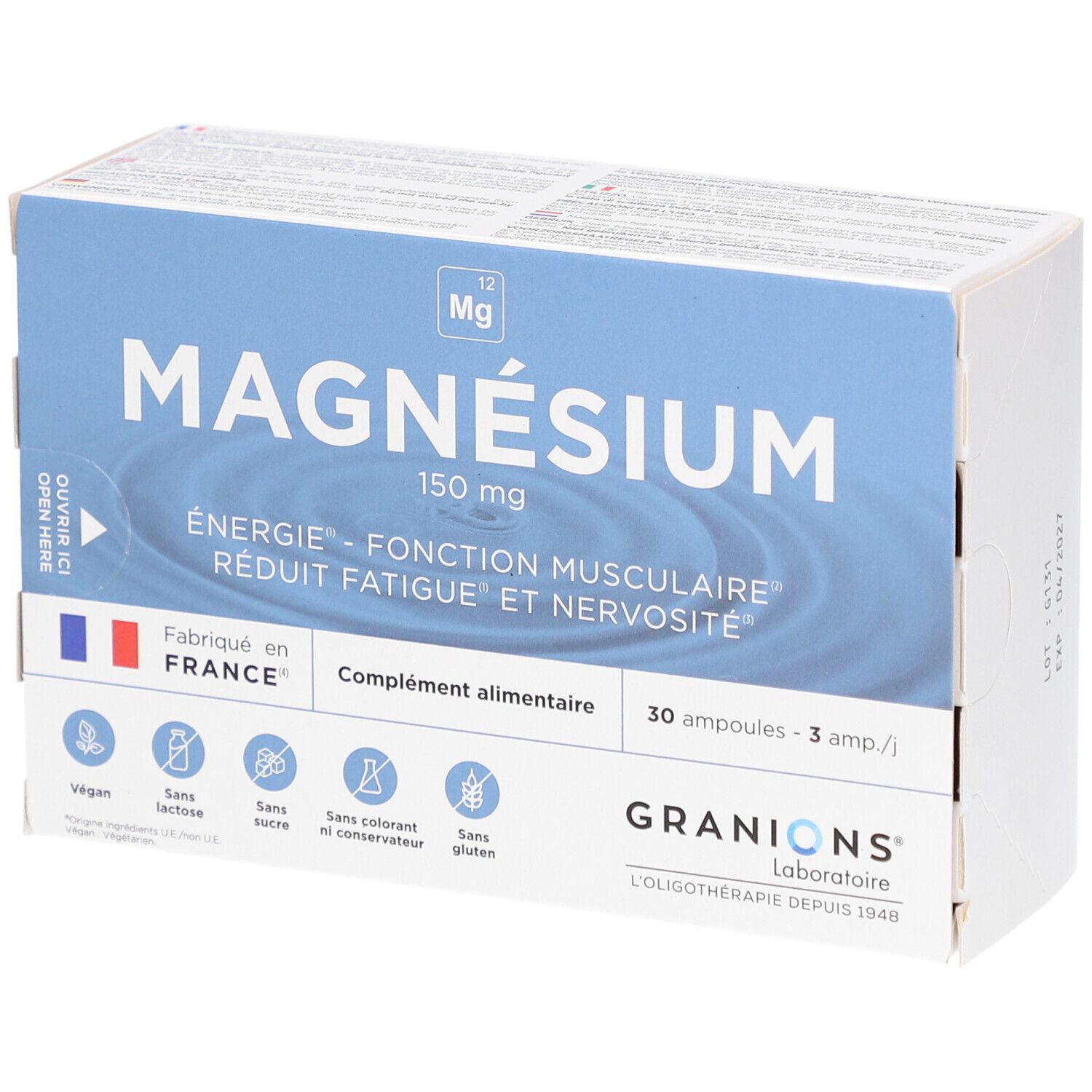 Boîte de GRANIONS Magnésium. Emballage bleu et blanc. Contient 30 ampoules. Vegan, sans lactose, sans sucre, sans colorant ni conservateur, sans gluten.