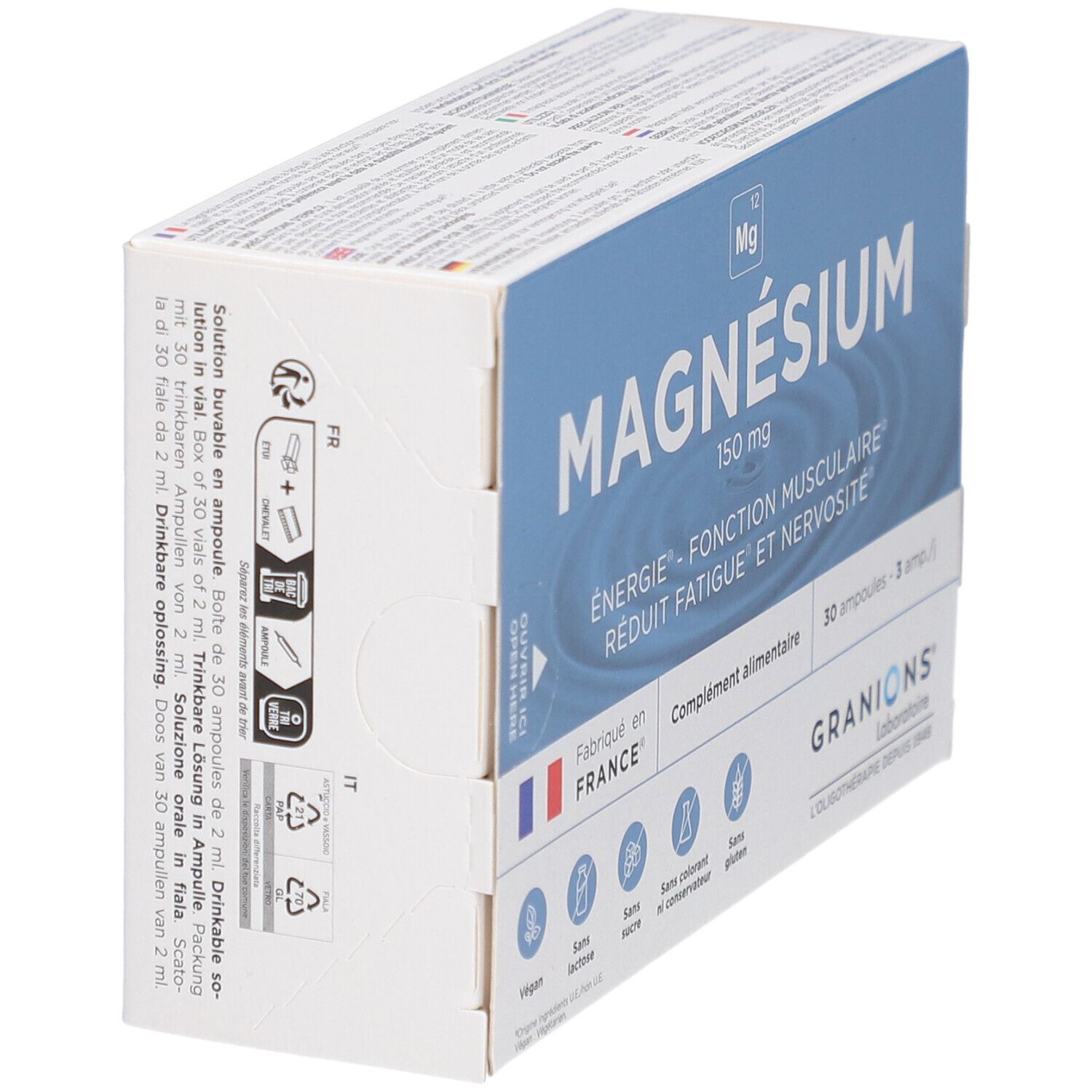 Boîte de GRANIONS Magnésium. Emballage bleu et blanc. Contient 30 ampoules. Inscription : Fabriqué en France. Vegan, sans lactose, sans sucre, sans colorant ni conservateur, sans gluten.