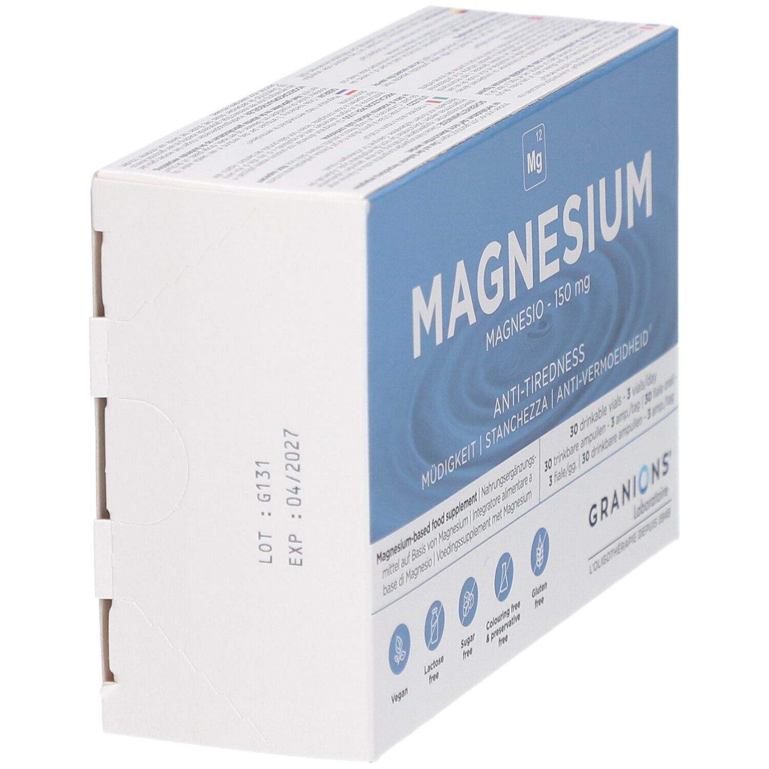 Boîte de GRANIONS Magnésium. Emballage bleu et blanc. Contient 30 ampoules. Inscription : Anti-fatigue. Numéro de lot et date de péremption.