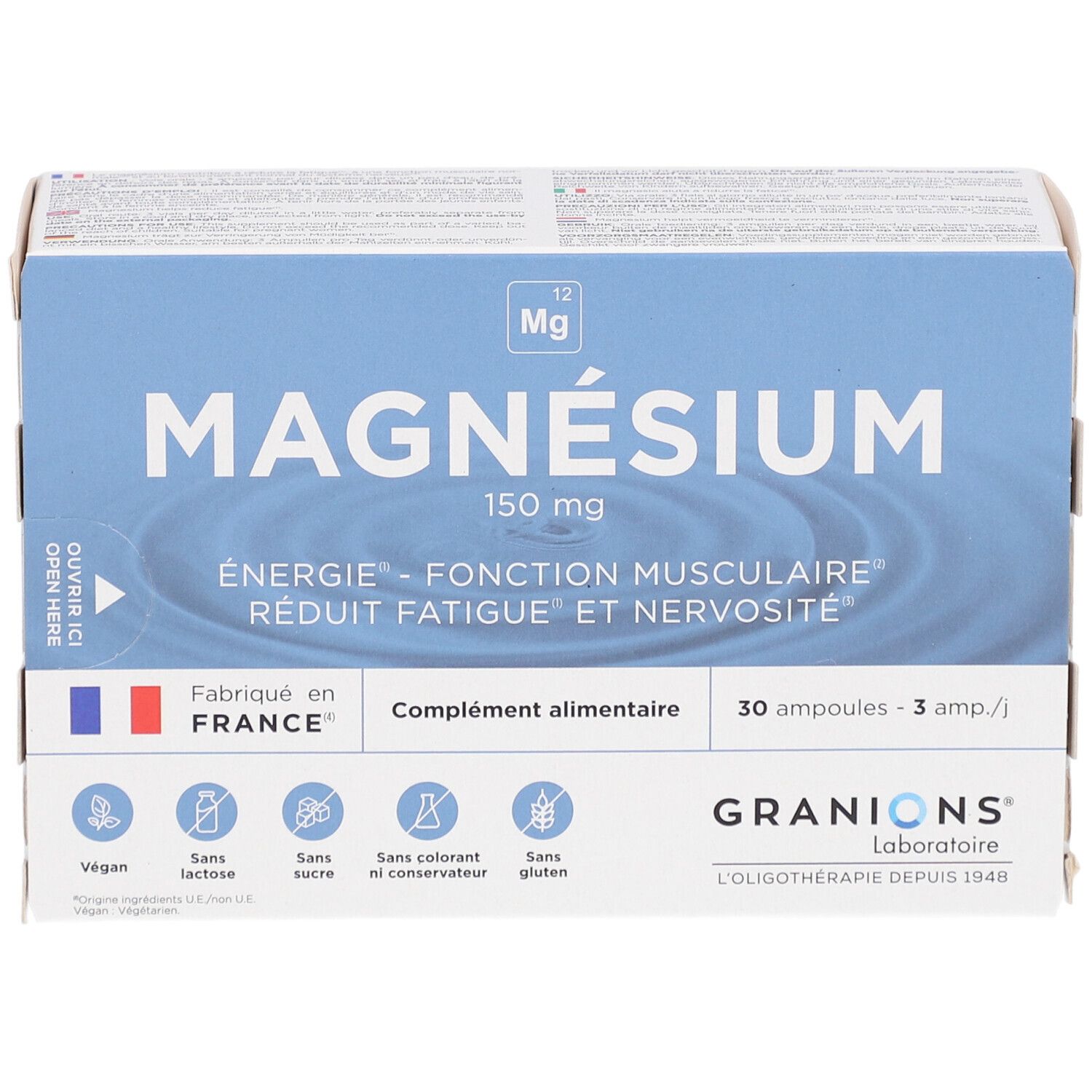 Boîte de GRANIONS Magnésium. Emballage bleu et blanc. Contient 30 ampoules. Inscription : Énergie, fonction musculaire, réduit la fatigue et la nervosité. Fabriqué en France.