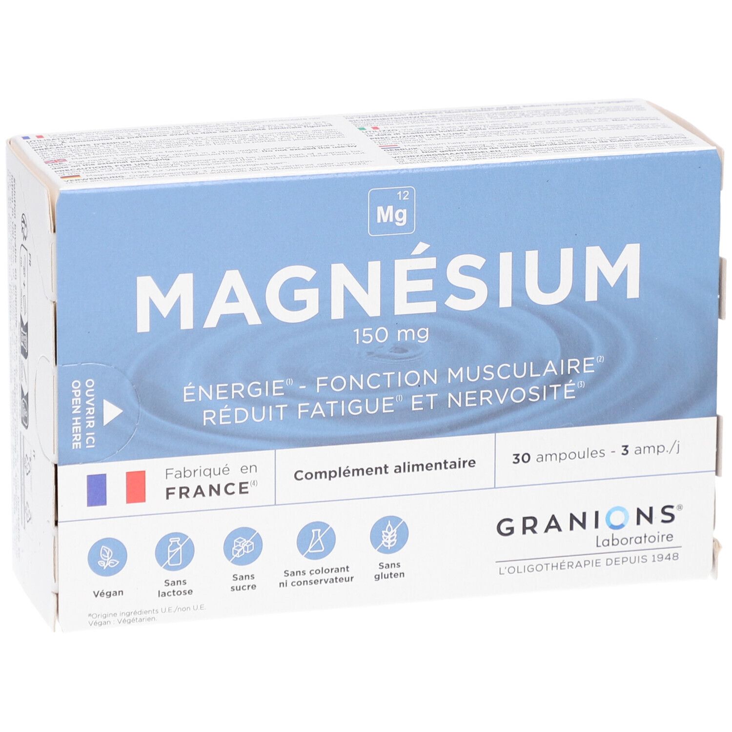 Boîte de GRANIONS Magnésium. Emballage bleu et blanc. Contient 30 ampoules. Inscription : Énergie, fonction musculaire, réduit la fatigue et la nervosité. Fabriqué en France.