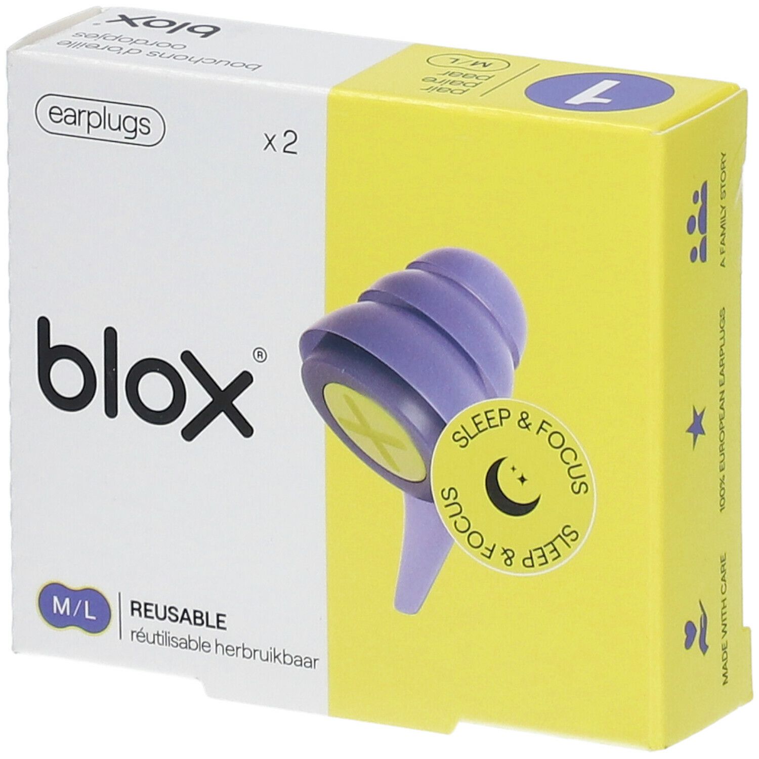 Boîte de bouchons d'oreille. Bouchons violets, centre jaune, emballage jaune et blanc. Texte : blox, Sleep & Focus, réutilisable.