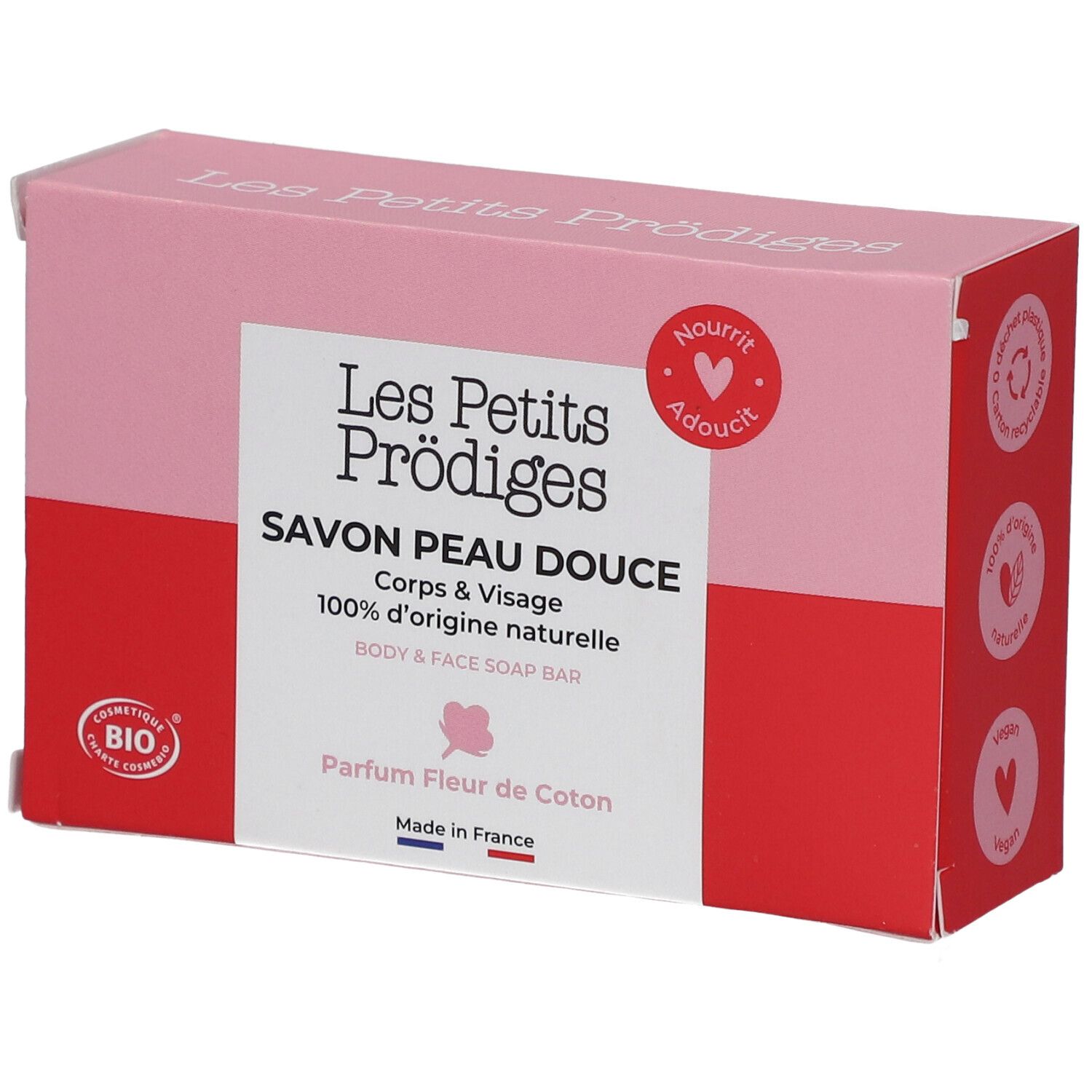 Rosa Kartonverpackung mit Text: SAVON PEAU DOUCE, 100% d'origine naturelle, Parfum Fleur de Coton. Bio-Zertifizierung.