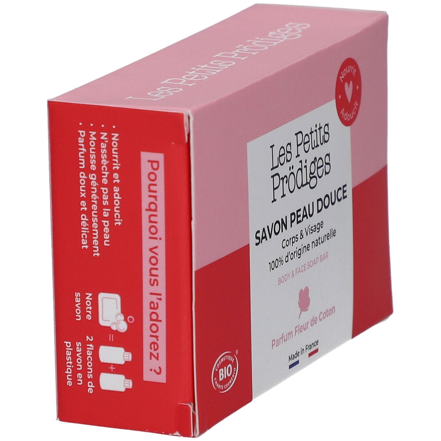 Kartonverpackung, rosa und rot. Text: SAVON PEAU DOUCE, 100% d'origine naturelle. Aufschrift: Pourquoi vous l'adorez? Bio-Zertifizierung.