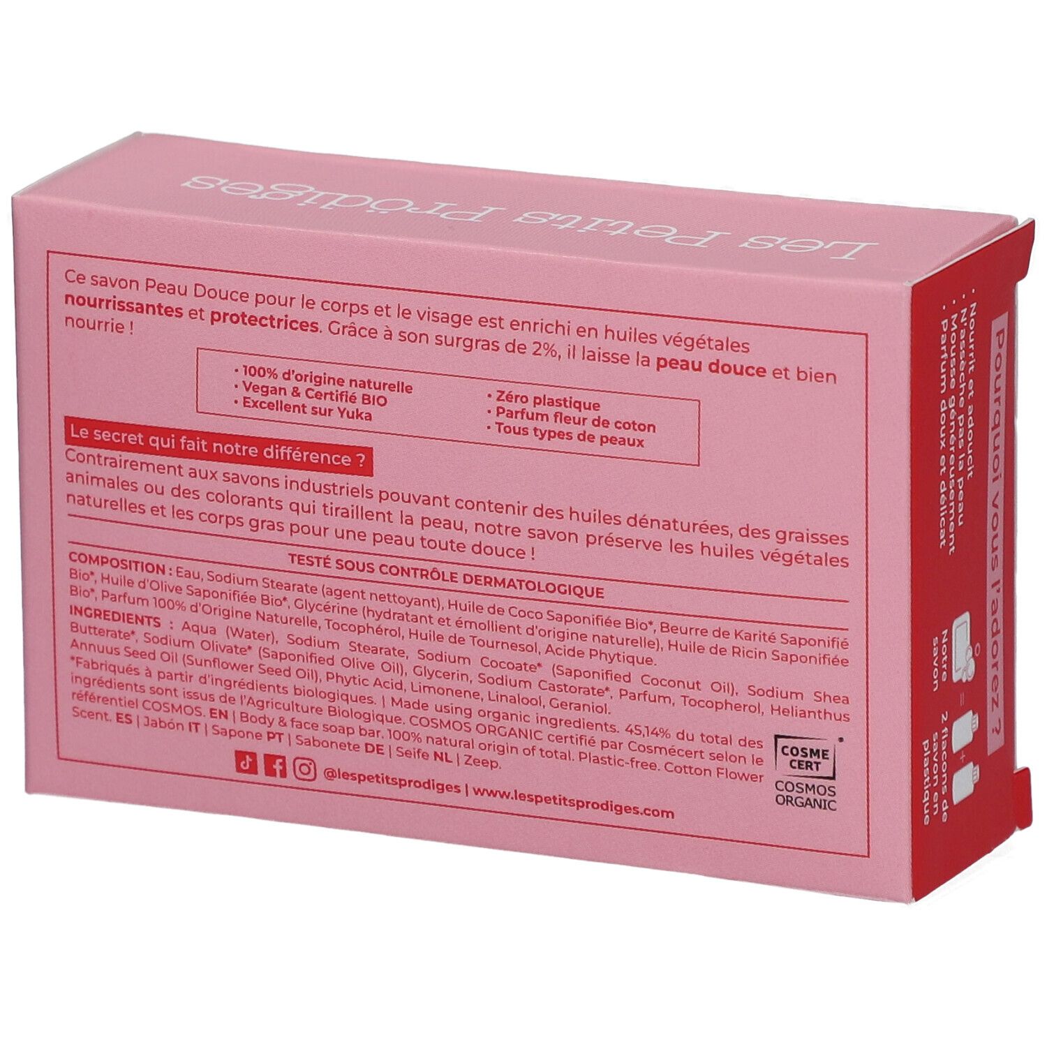 Rückseite der rosa Kartonverpackung. Text: Inhaltsstoffe, Zertifizierung COSMOS ORGANIC. Text über Inhaltsstoffe und Vorteile.