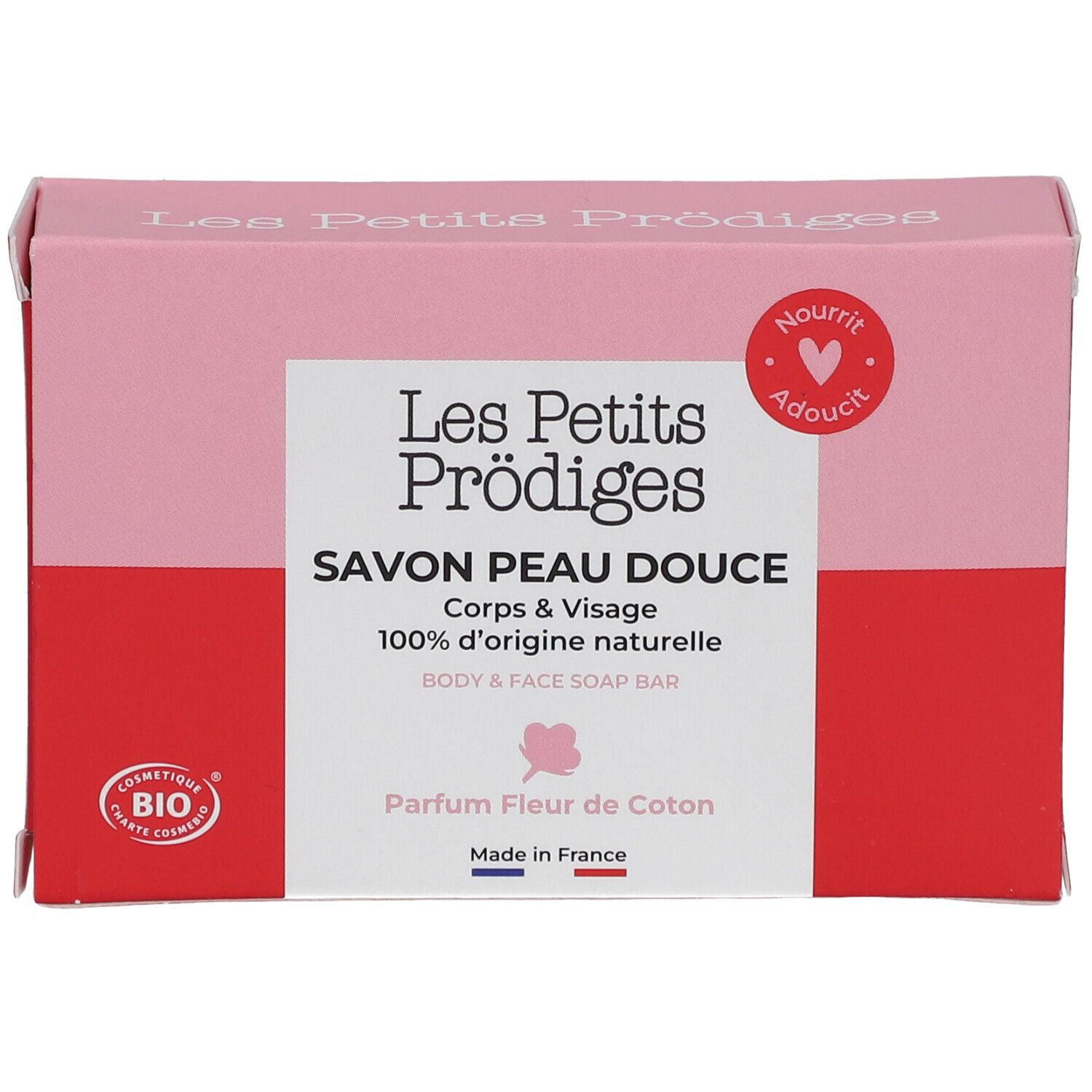 Rosa Kartonverpackung mit Text: SAVON PEAU DOUCE, 100% d'origine naturelle, Parfum Fleur de Coton. Bio-Zertifizierung.