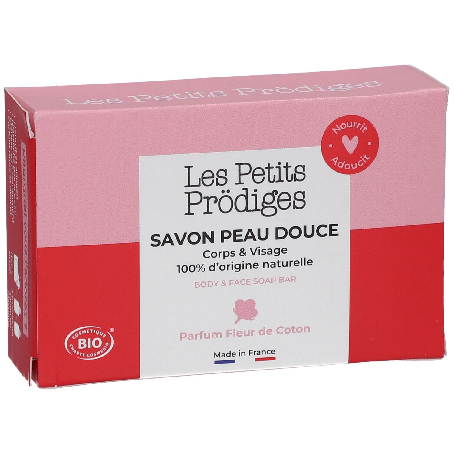 Rosa Kartonverpackung mit Text: SAVON PEAU DOUCE, 100% d'origine naturelle, Parfum Fleur de Coton. Bio-Zertifizierung.