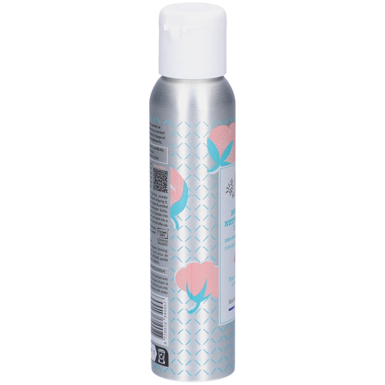 Flacon cylindrique à bouchon blanc. Impression d'informations produit et code QR. Argenté avec motif floral.