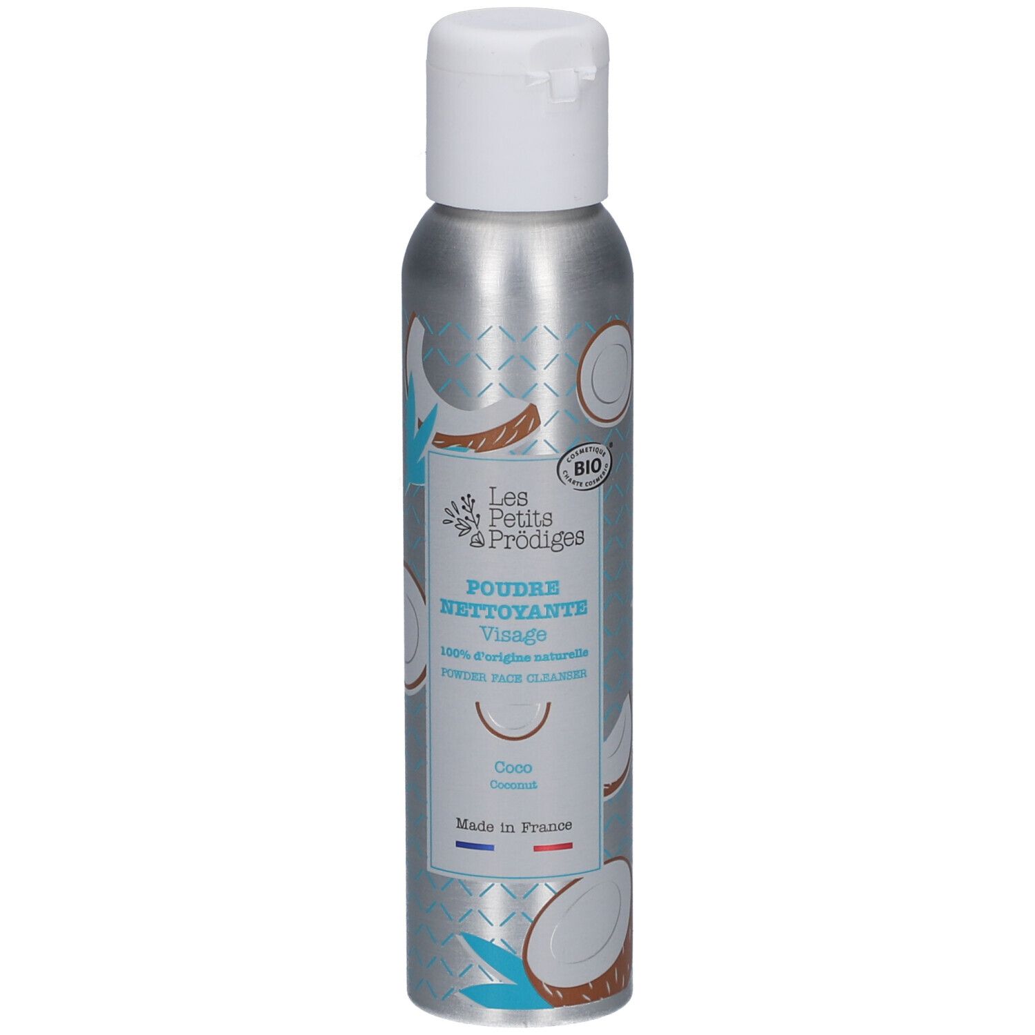 Silberne Flasche mit weißem Deckel. Aufdruck: Poudre Nettoyante Visage, Coco. Bio-Siegel.
