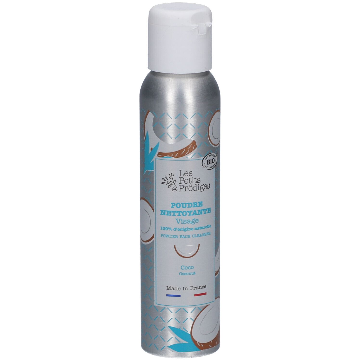 Silberne Flasche mit weißem Deckel. Aufdruck: Poudre Nettoyante Visage, Coco. Bio-Siegel.