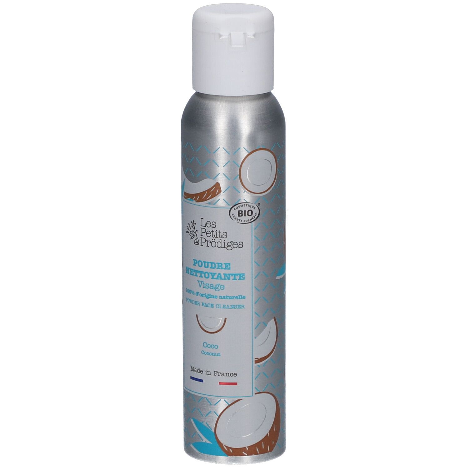 Silberne Flasche mit weißem Deckel. Aufdruck: Poudre Nettoyante Visage, Coco. Bio-Siegel.