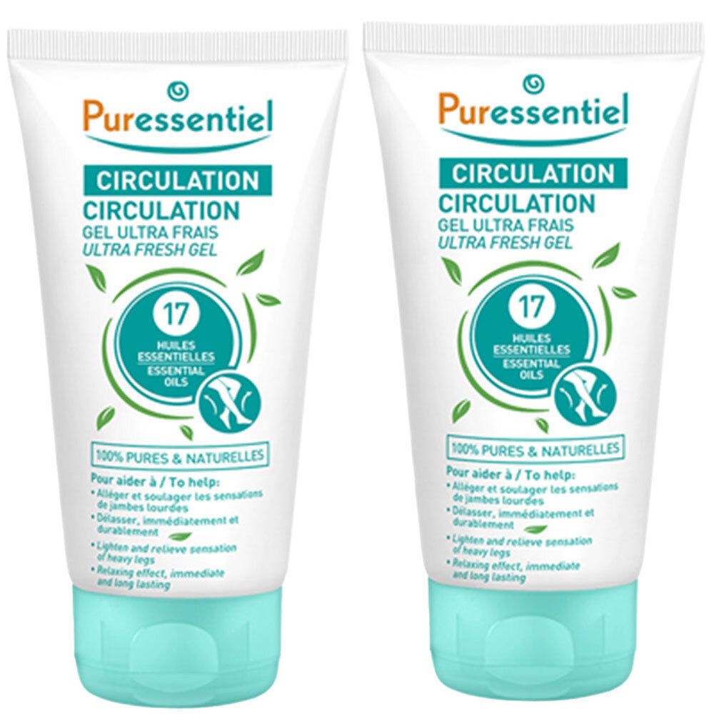 Zwei Tuben Gel. Aufschrift: Puressentiel, Circulation, Gel Ultra Frais. 17 ätherische Öle. 100% rein & natürlich.