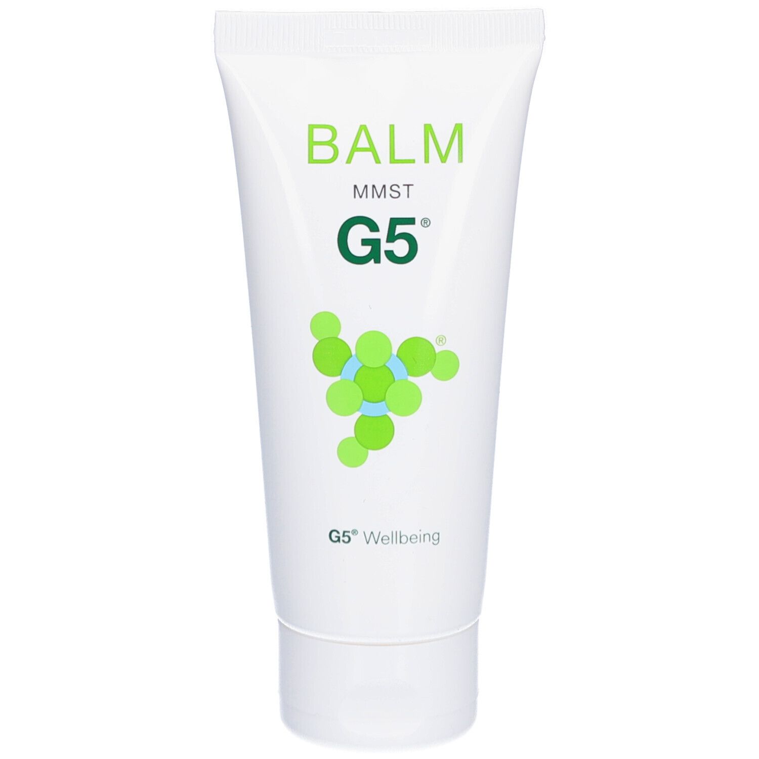 Tube blanc avec texte vert. Le tube porte "BALM MMST G5" et "G5 Wellbeing".