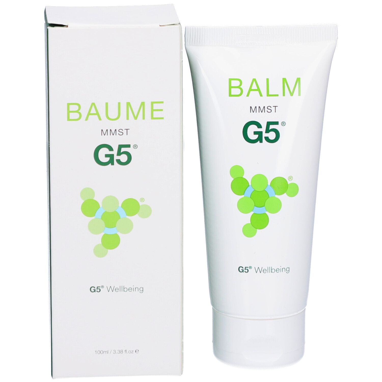 Tube et boîte blancs avec texte vert. Le tube porte "BAUME MMST G5". La boîte affiche le même design.