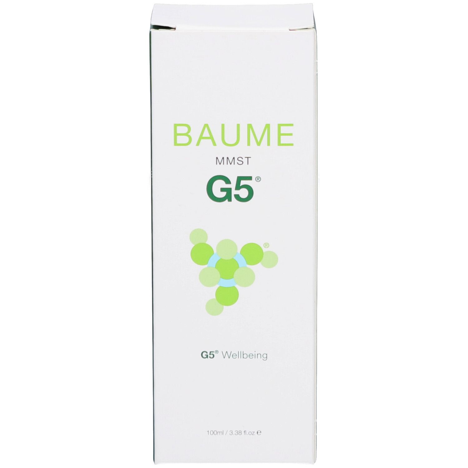 Boîte blanche avec texte vert. La boîte porte "BAUME MMST G5" et "G5 Wellbeing".