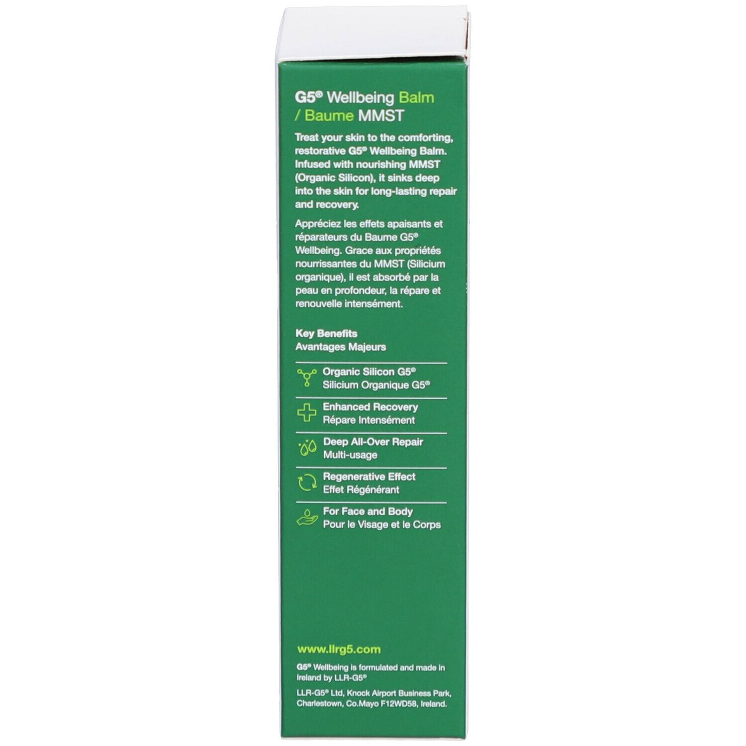 Côté vert d'une boîte blanche. Le texte décrit les avantages et les ingrédients du produit.