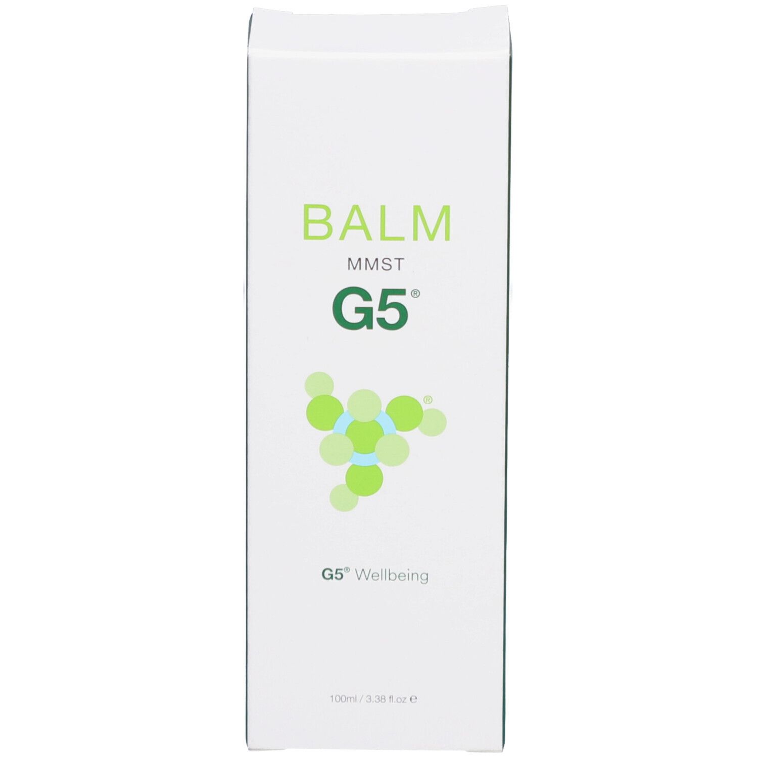 Boîte blanche avec texte vert. La boîte porte "BALM MMST G5" et "G5 Wellbeing".