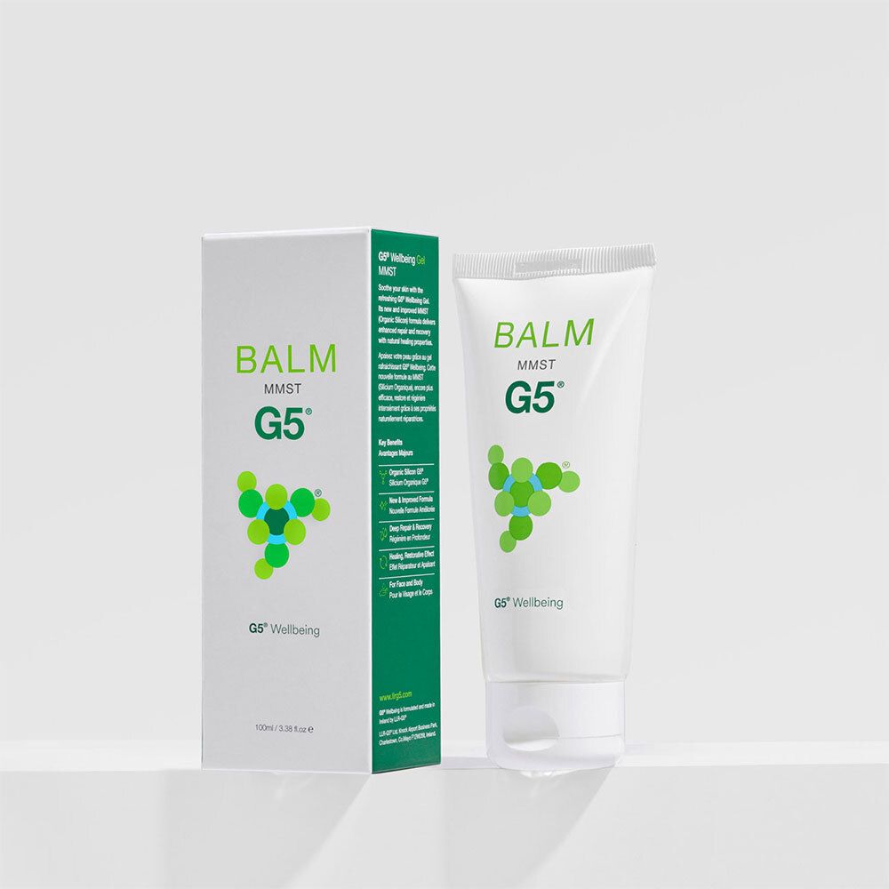 Tube et boîte blancs avec texte vert. Le tube porte "BALM MMST G5". La boîte affiche le même design.