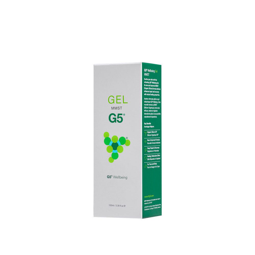Weiße Verpackung mit grünem Akzent. Aufschrift: GEL MMST G5. Logo: grüne Kreise. Text auf der Seite.