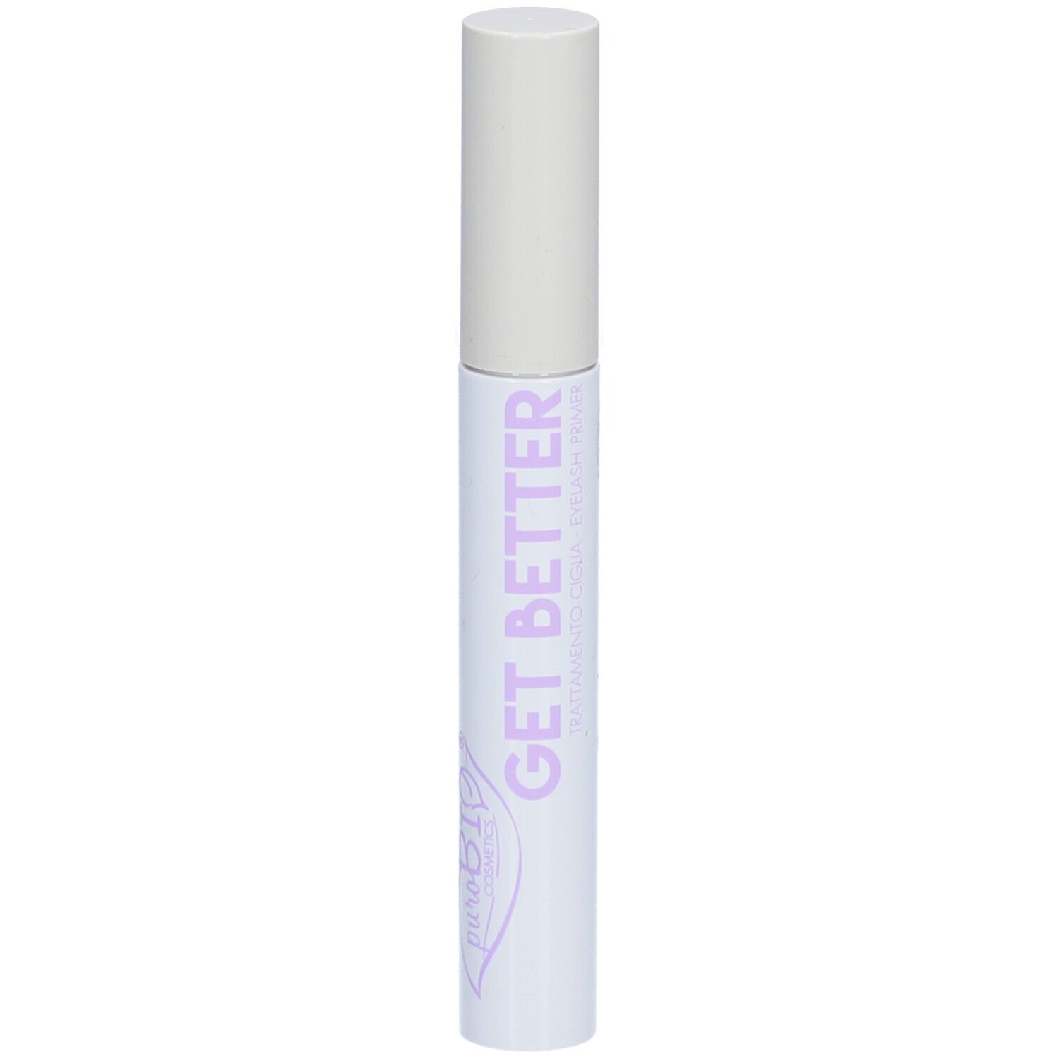 Récipient de mascara blanc avec couvercle. Texte violet GET BETTER et logo puroBIO.