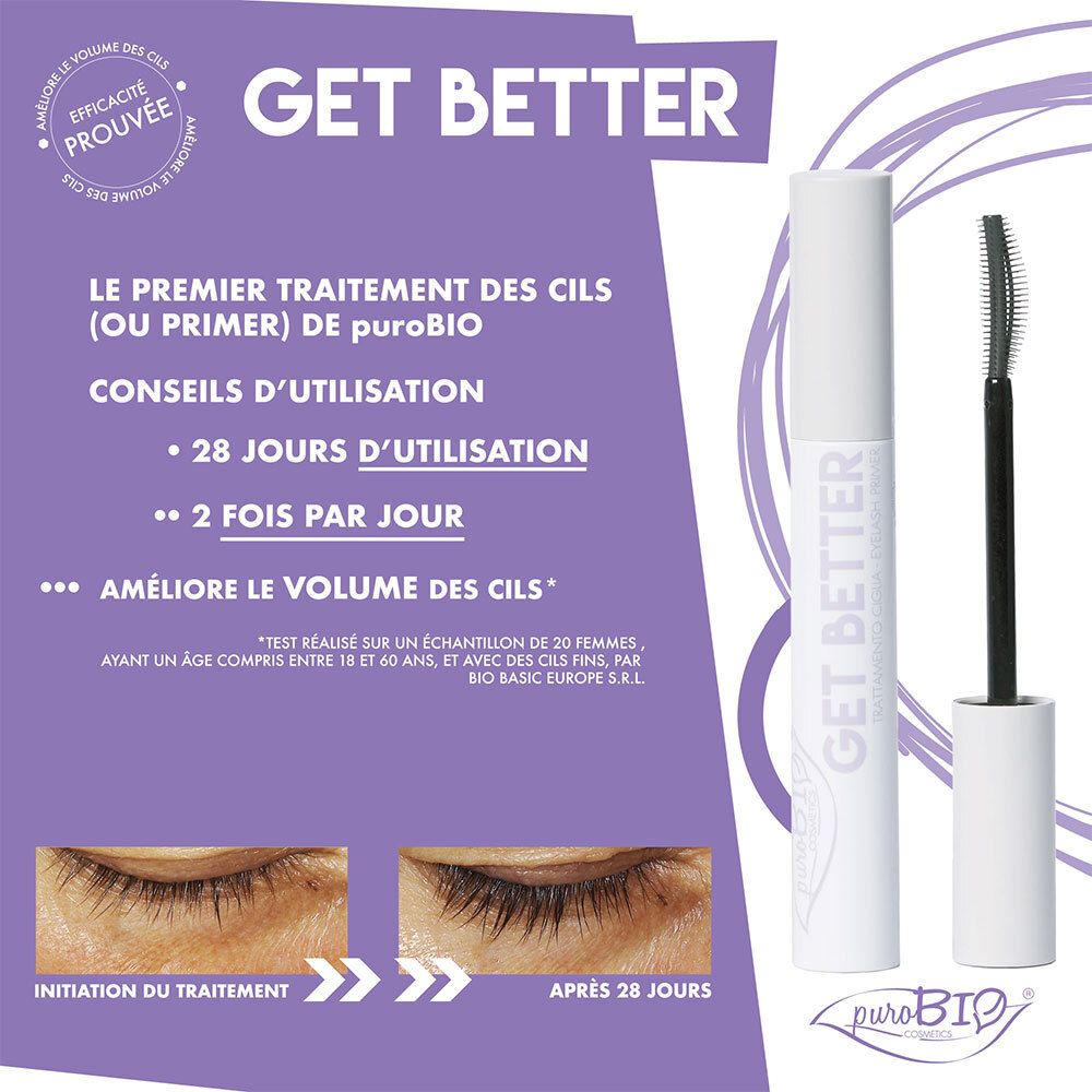 Emballage du produit avec mascara et brosse. Texte : GET BETTER, puroBIO. Fond violet.