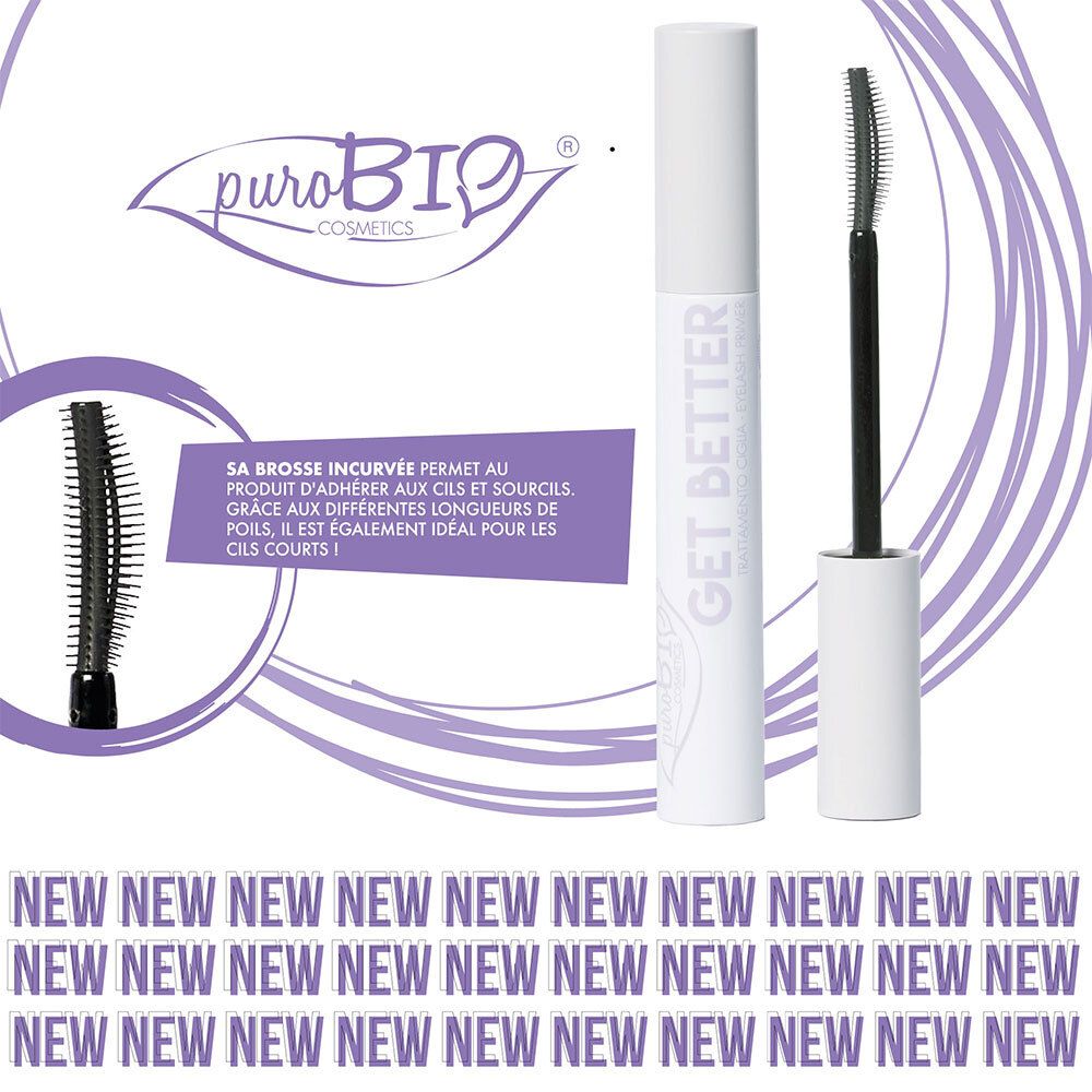 Mascara et brosse. Récipient blanc avec texte violet GET BETTER. Logo puroBIO.