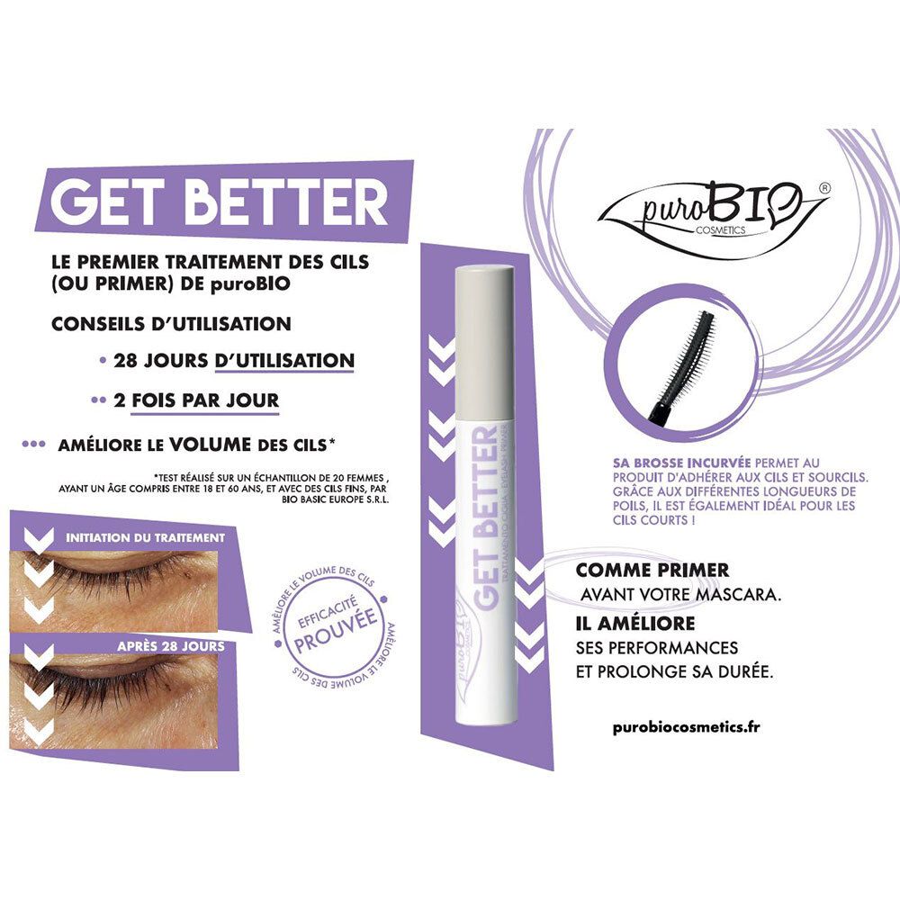 Emballage du produit avec mascara et brosse. Texte : GET BETTER, puroBIO. Fond violet.