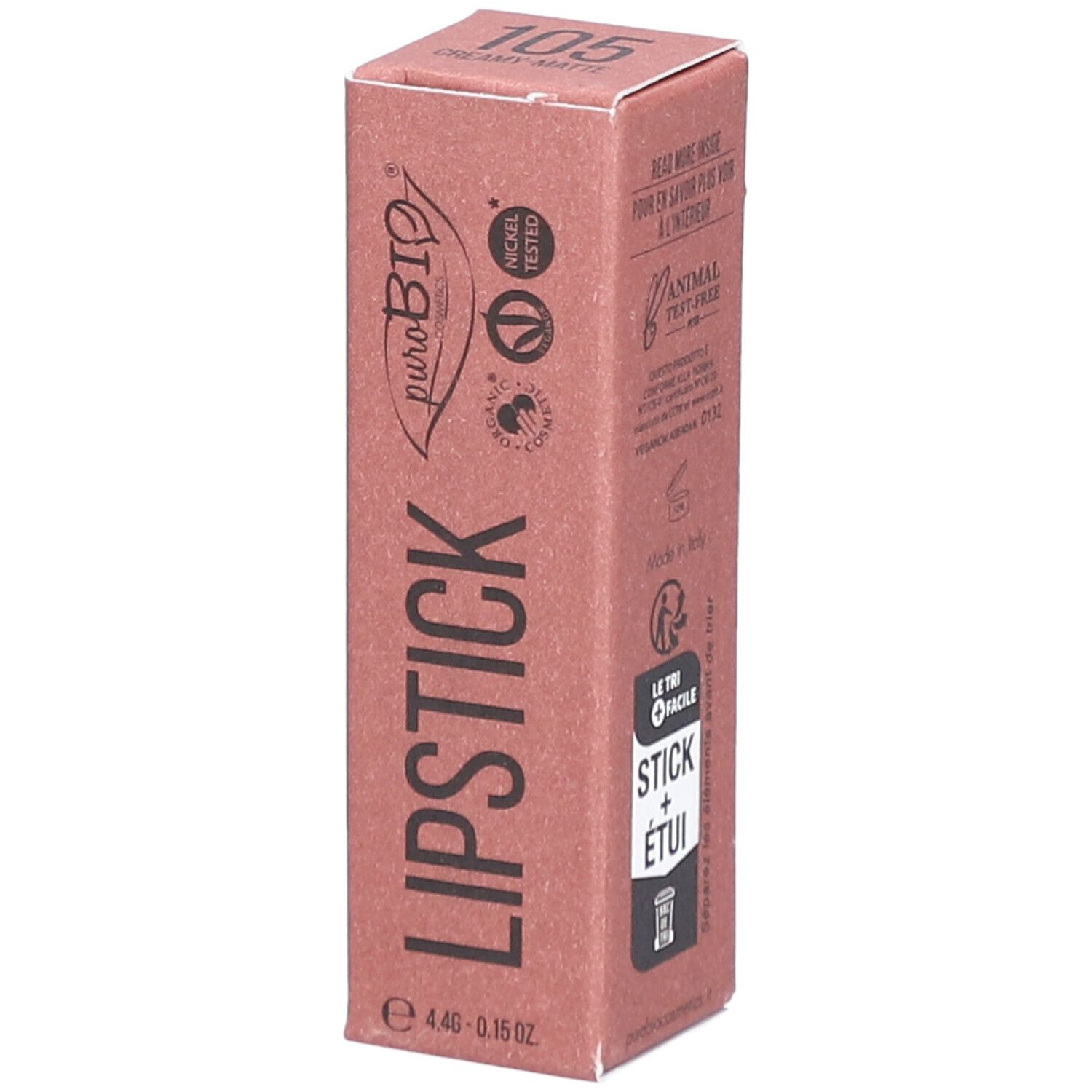 Verpackung für Lippenstift. Rosa Karton mit Produktinformationen. Marke PUROBIO und Farbnummer 105 sichtbar.