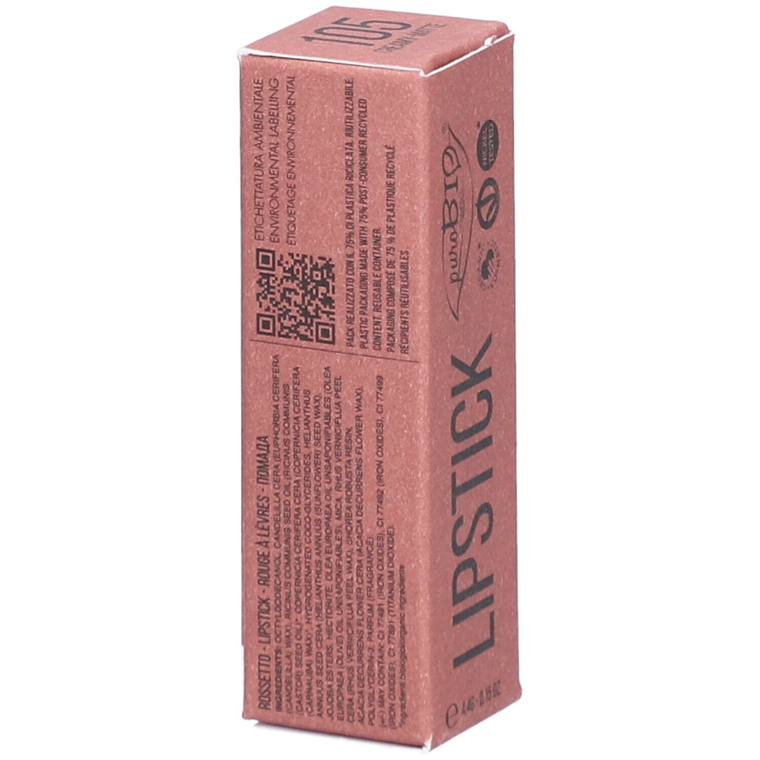 Verpackung für Lippenstift. Rosa Karton mit Produktinformationen. Marke PUROBIO und Farbnummer 105 sichtbar.