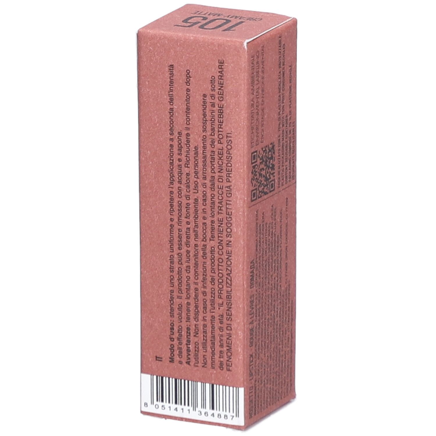 Verpackung für Lippenstift. Rosa Karton mit Produktinformationen. Marke PUROBIO und Farbnummer 105 sichtbar.