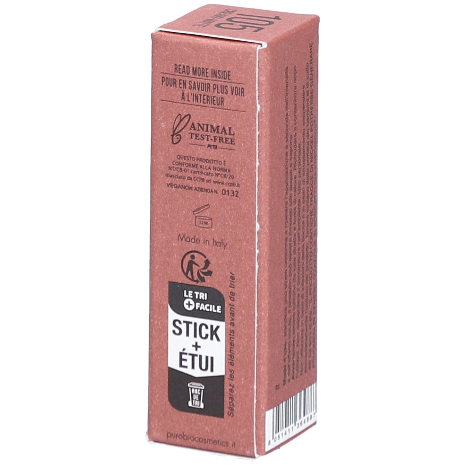 Verpackung für Lippenstift. Rosa Karton mit Produktinformationen. Marke PUROBIO und Farbnummer 105 sichtbar.