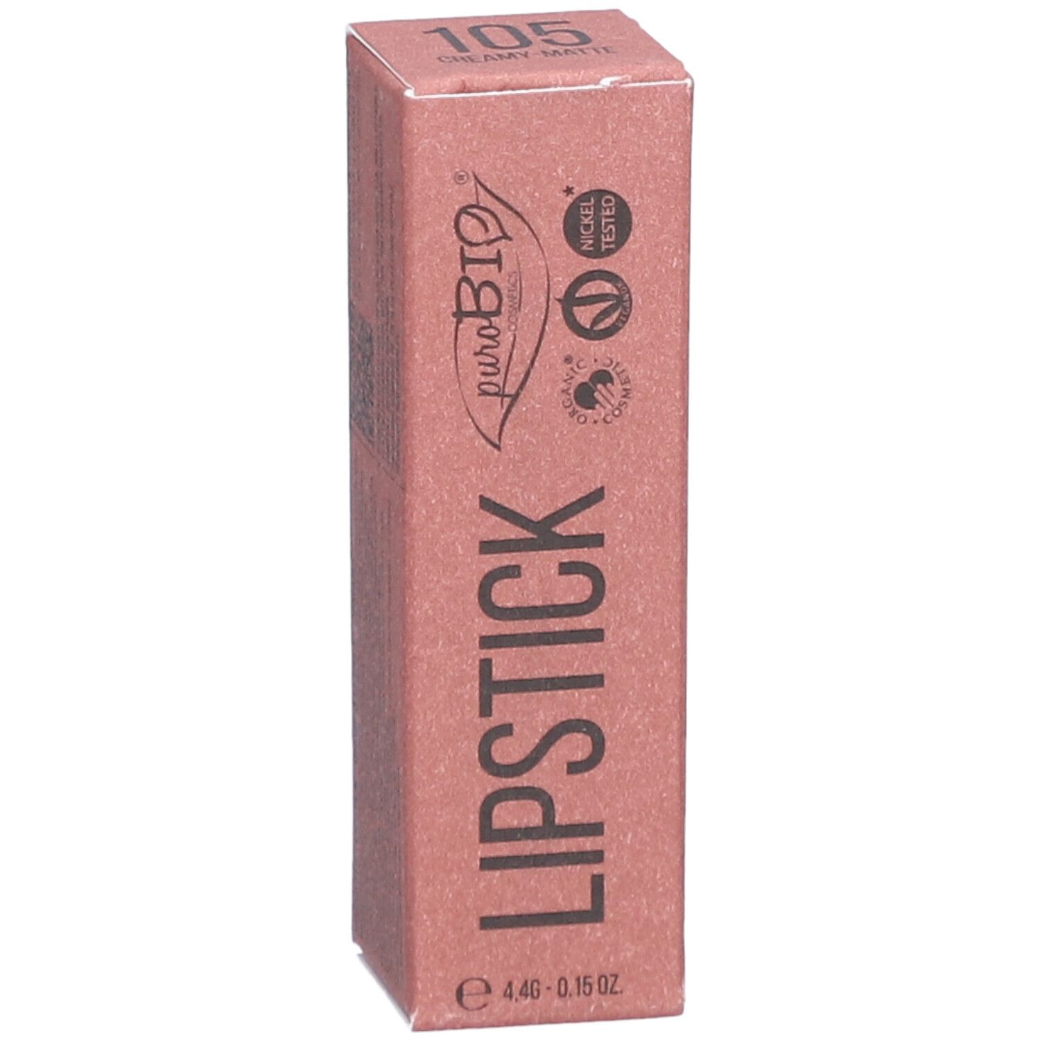 Verpackung für Lippenstift. Rosa Karton mit Produktinformationen. Marke PUROBIO und Farbnummer 105 sichtbar.
