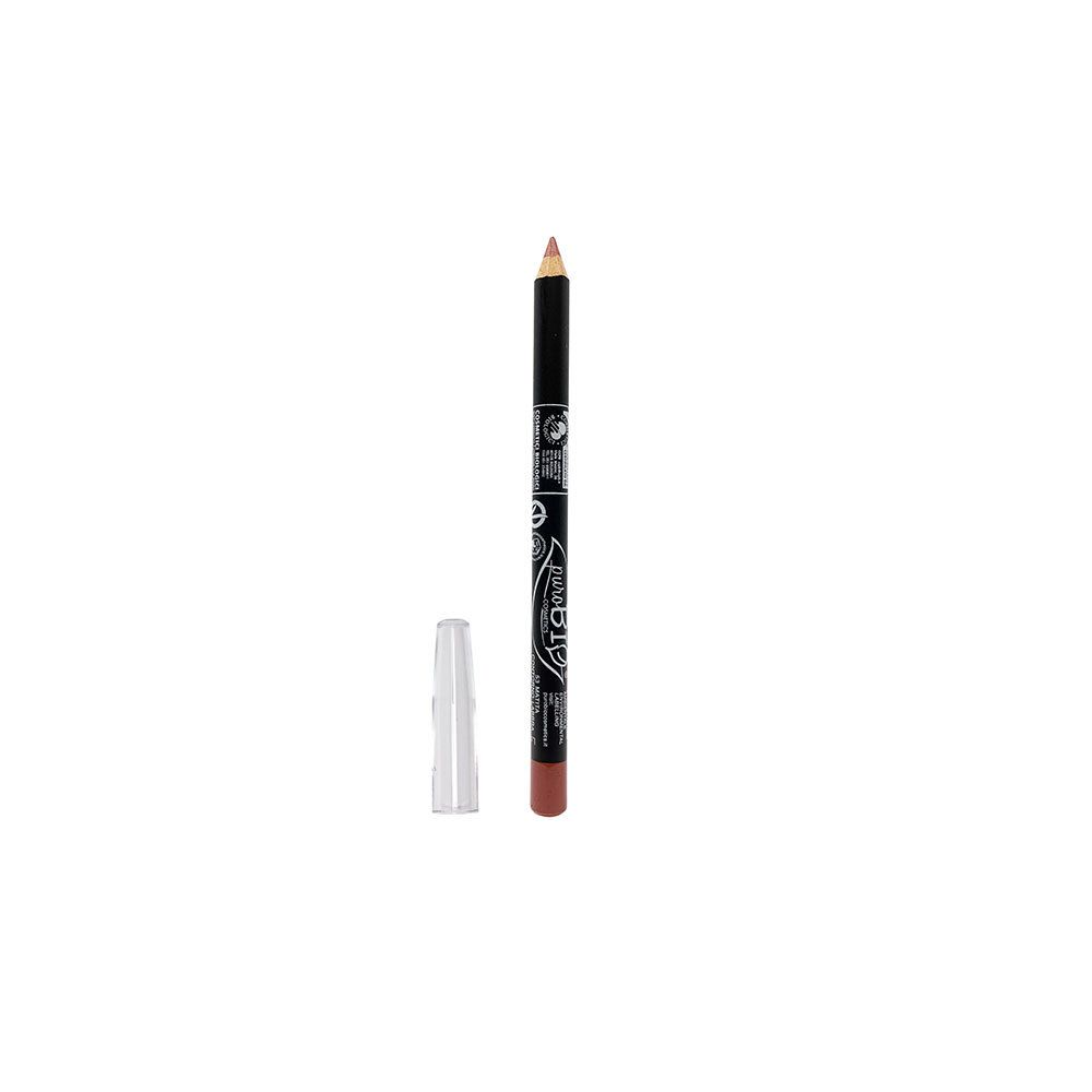 Crayon à lèvres avec capuchon transparent. Visible : marque, couleur. Crayon nude, corps noir.
