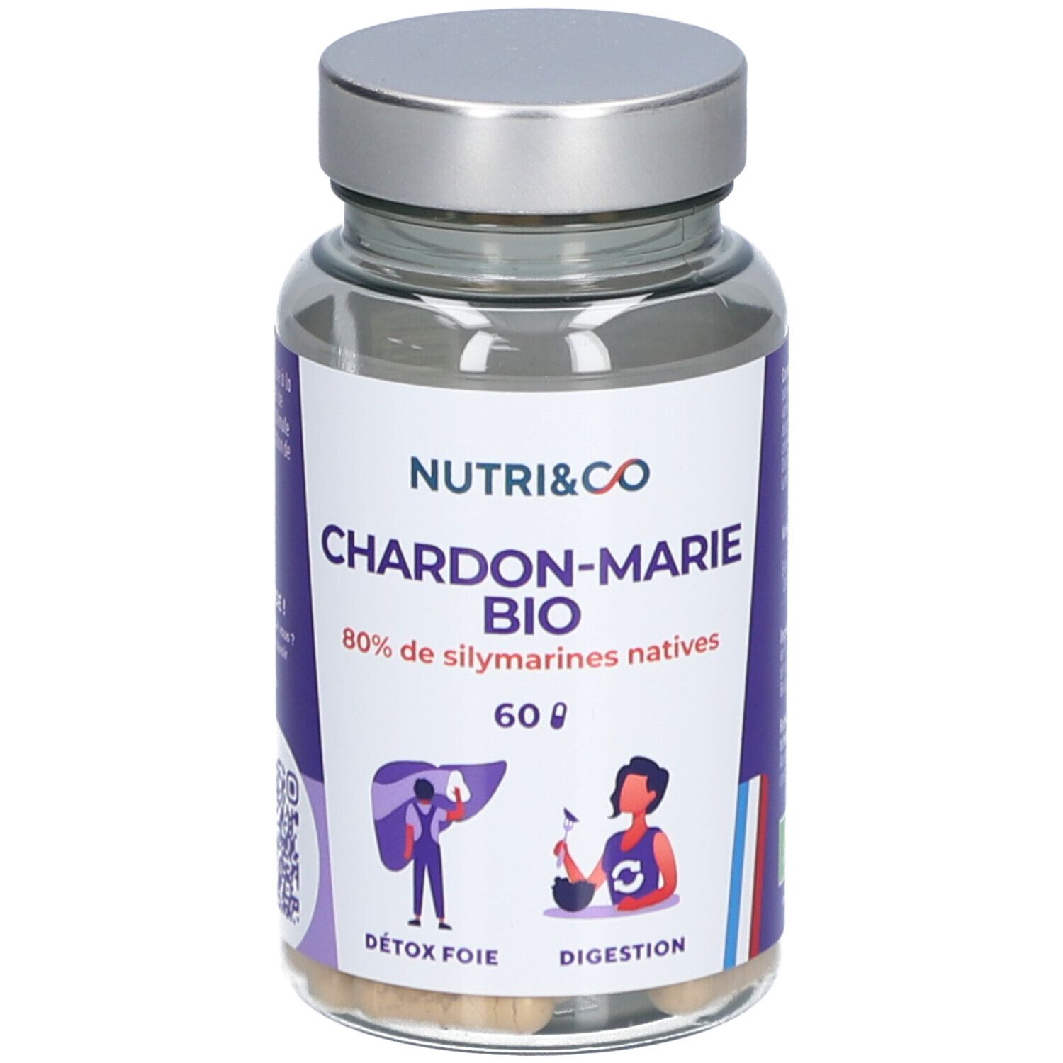 Flacon de gélules NUTRI&CO Chardon-Marie BIO. 60 gélules. Drapeau français. Gélules visibles.