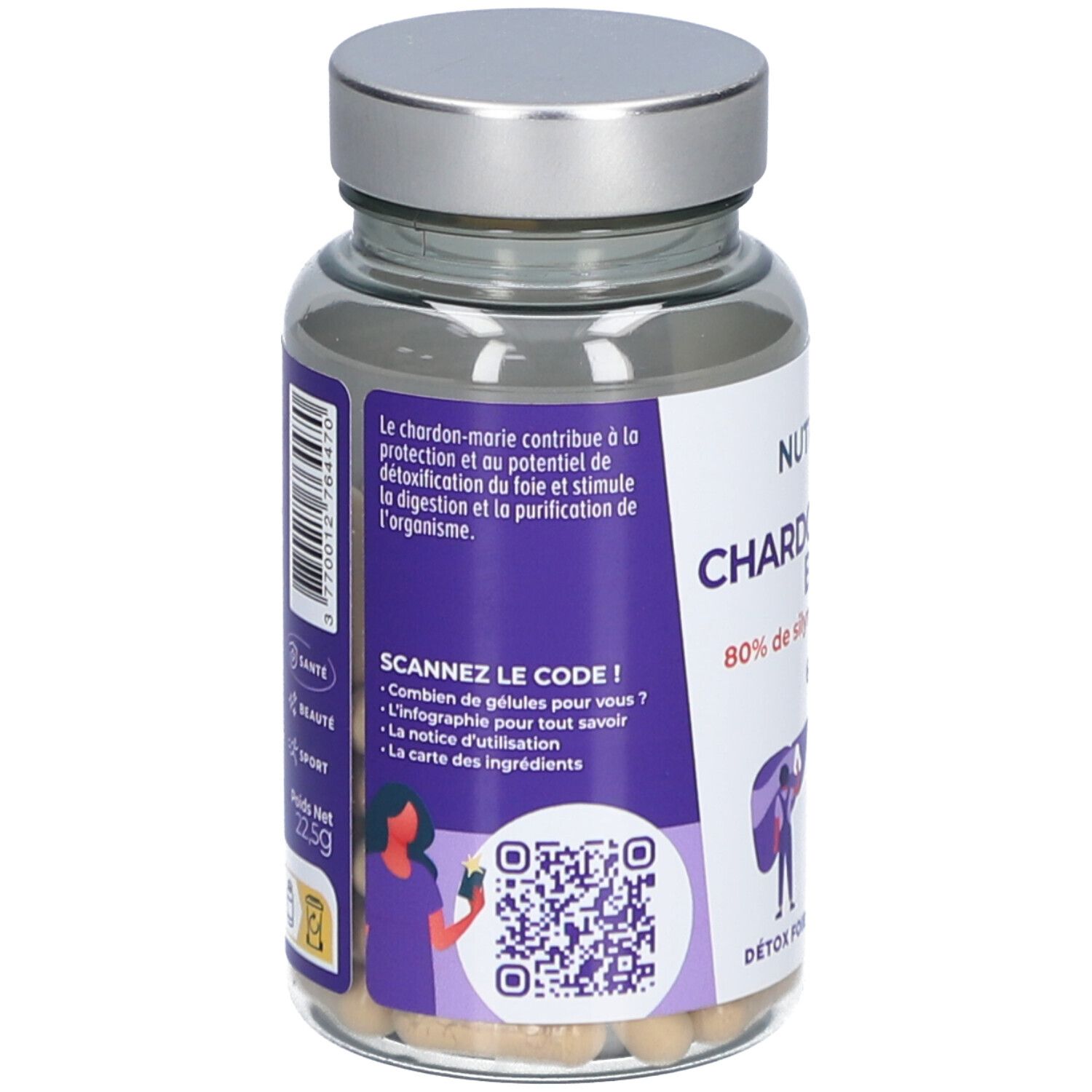 Dos du flacon de gélules. Texte et QR code. Certifications AB, Vegan. Drapeau français. Poids net 22,5g.